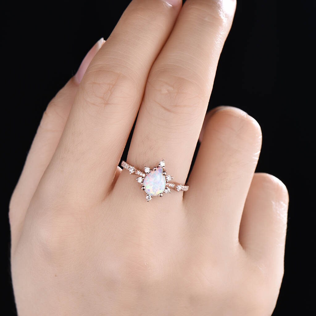 Vintage Opal Engagement Ring Set, Women Rose Gold Rings, Pear Shaped White Opal Ring, Unique Cluster Stacking Band, Promise Gift