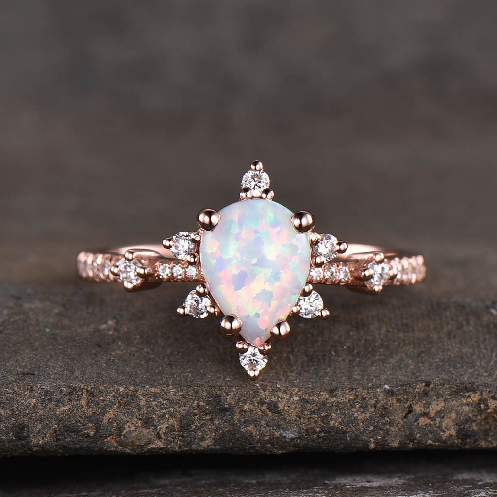 Vintage Opal Engagement Ring Set, Women Rose Gold Rings, Pear Shaped White Opal Ring, Unique Cluster Stacking Band, Promise Gift