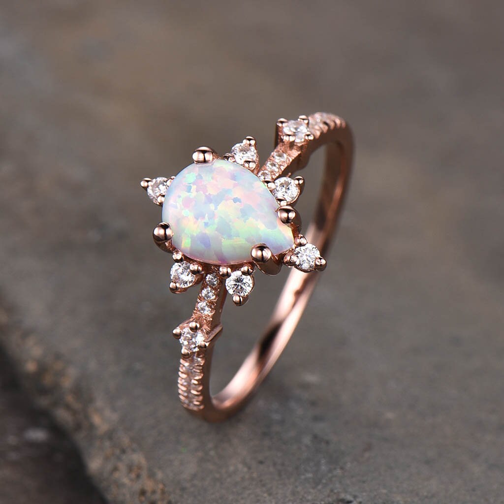 Dainty Opal Ring, White Fire Opal Engagement Ring, Rose Gold Opal Ring, October Birthstone, Pear Opal Ring, Art Deco Promise Ring, Gift
