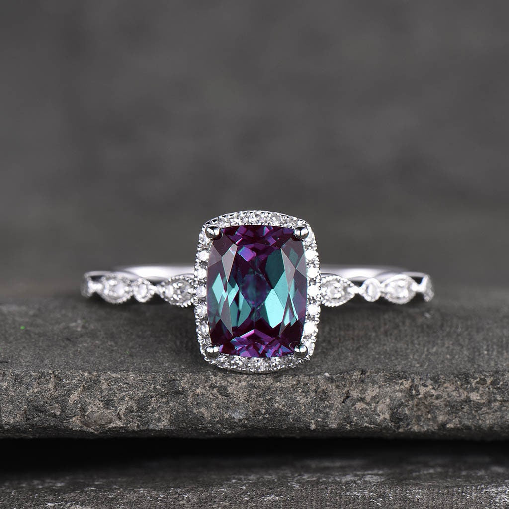 Alexandrite Ring, June Birthstone Ring, 925 Sterling Silver Ring, Cushion Alexandrite Engagement Ring, Art Deco Wedding Ring, Promise Ring