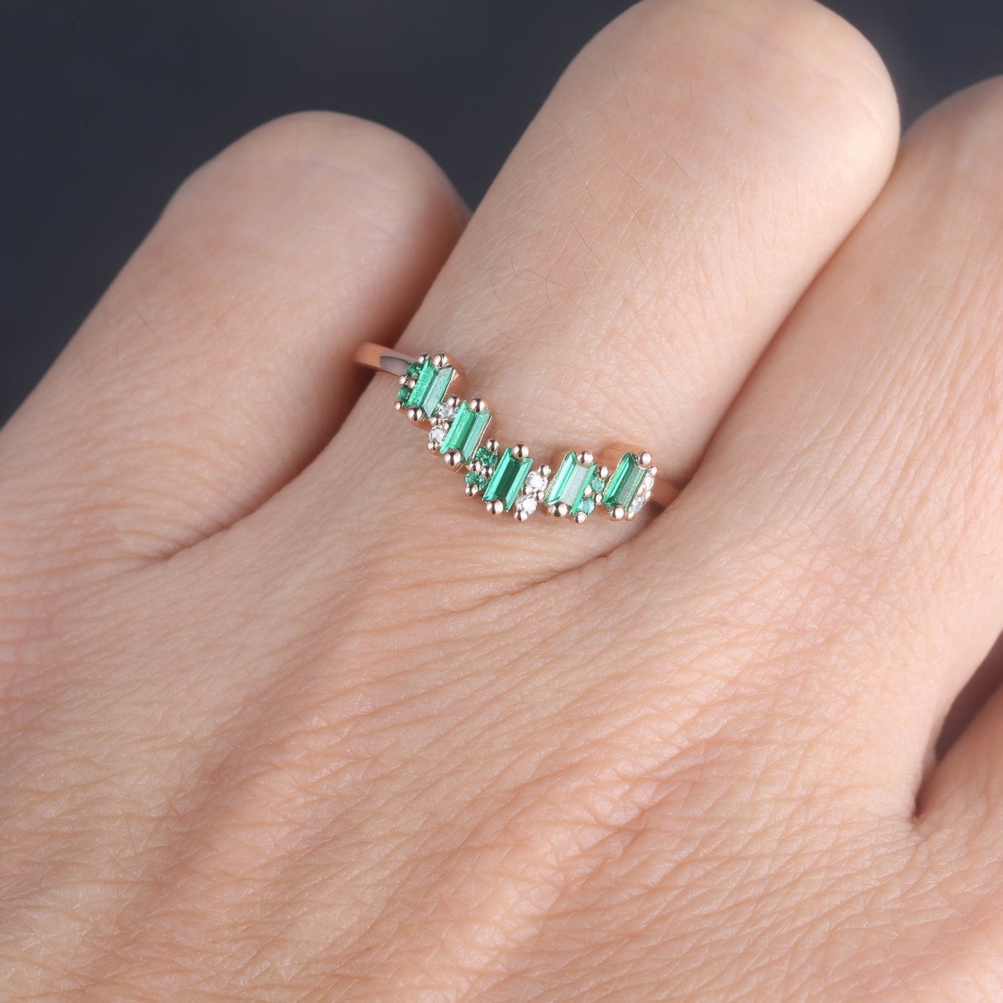 Vintage Curved Emerald Band Baguette Cut Emerald Wedding Ring Rose Gold Ring Green Stone Ring Stacking Matching Band May Birthstone