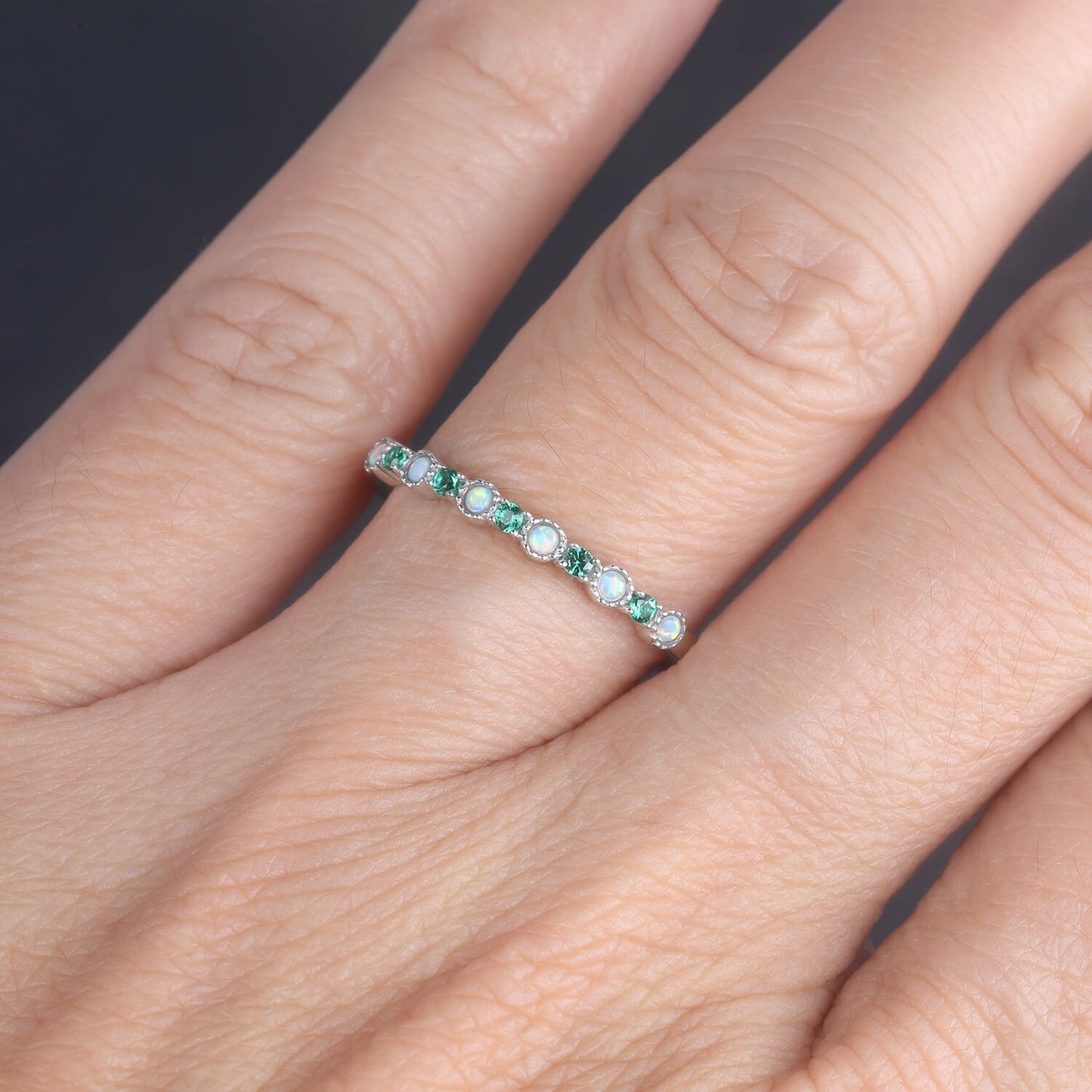 Emerald Opal Wedding Band Sterling Silver Emerald Wedding Ring Opal Band Art Deco Stacking Matching Band Anniversary Ring Gift for her