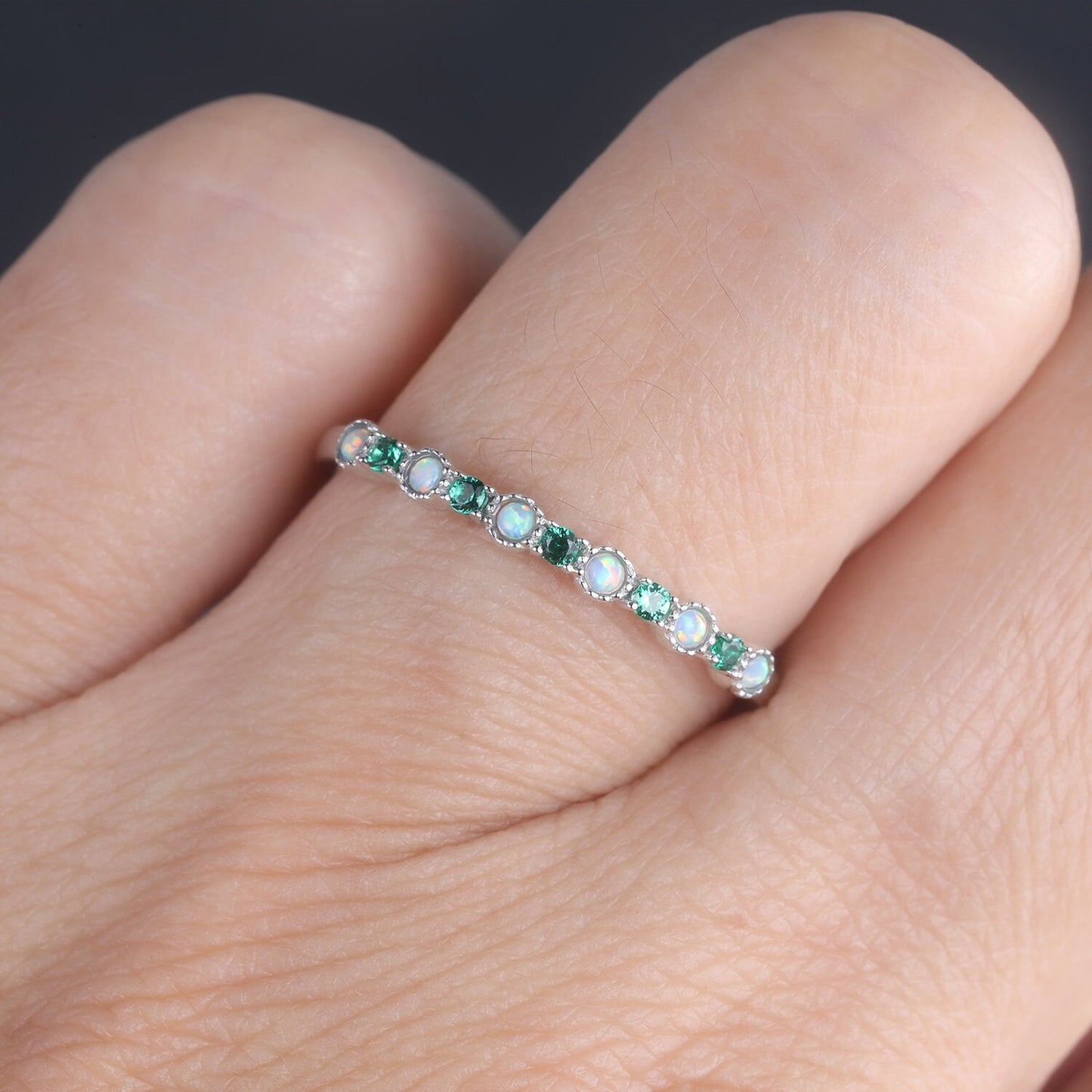 Emerald Opal Wedding Band Sterling Silver Emerald Wedding Ring Opal Band Art Deco Stacking Matching Band Anniversary Ring Gift for her