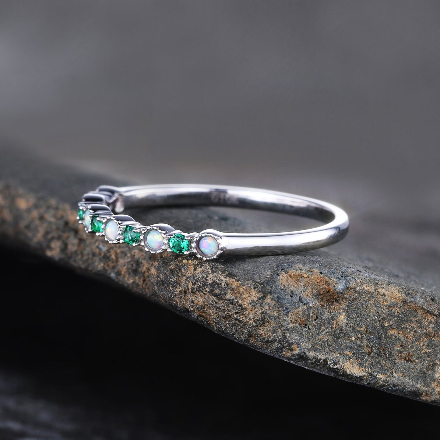 Emerald Opal Wedding Band Sterling Silver Emerald Wedding Ring Opal Band Art Deco Stacking Matching Band Anniversary Ring Gift for her