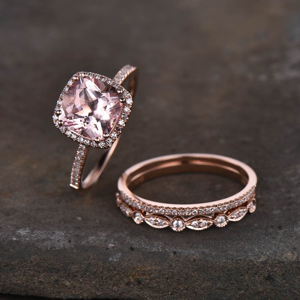9mm Cushion Cut Morganite Engagement Ring Rose Gold Morganite Wedding Ring Set Art Deco Stacking Matching Bands Bridal Ring Set