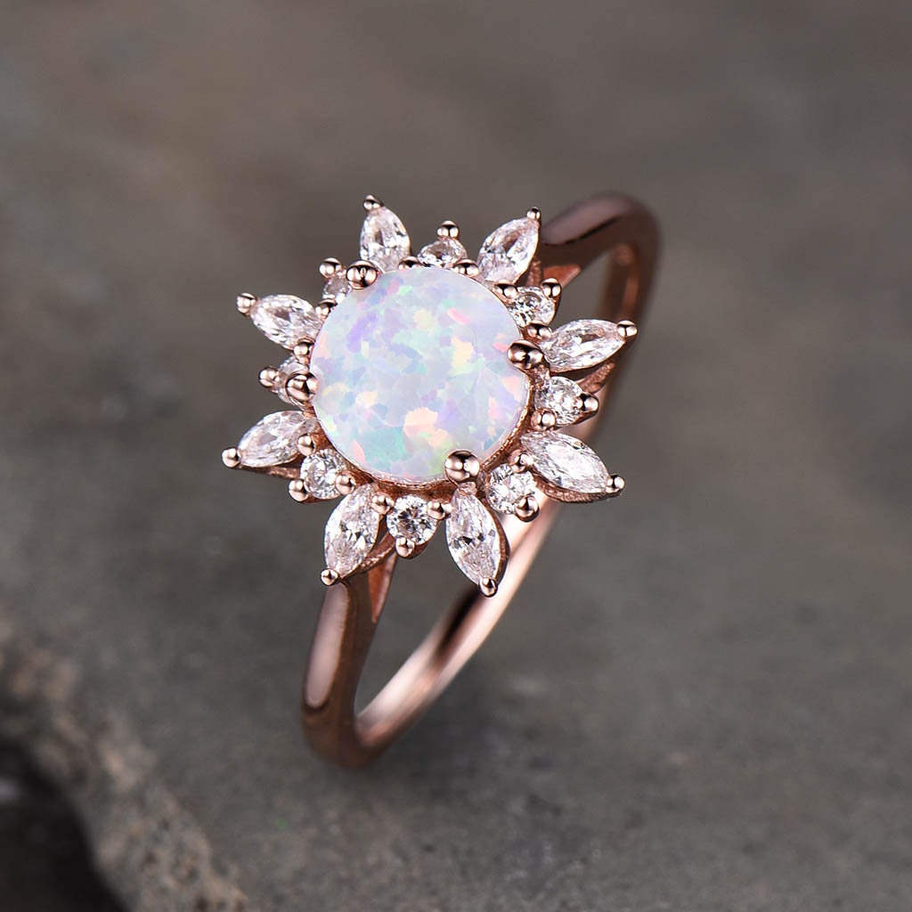 Vintage Opal engagement ring rose gold opal ring unique halo ring opal solitaire ring promise ring October birthstone Anniversary gift