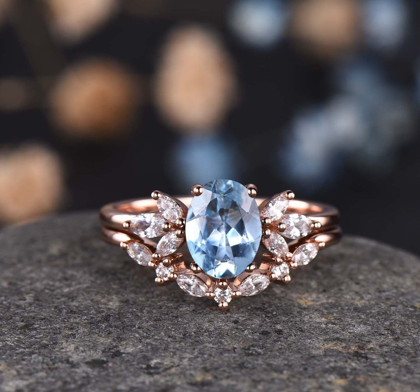 Aquamarine ring set White gold aquamarine engagement ring moissanite band aquamarine bridal set Valentines gift for women March birthstone
