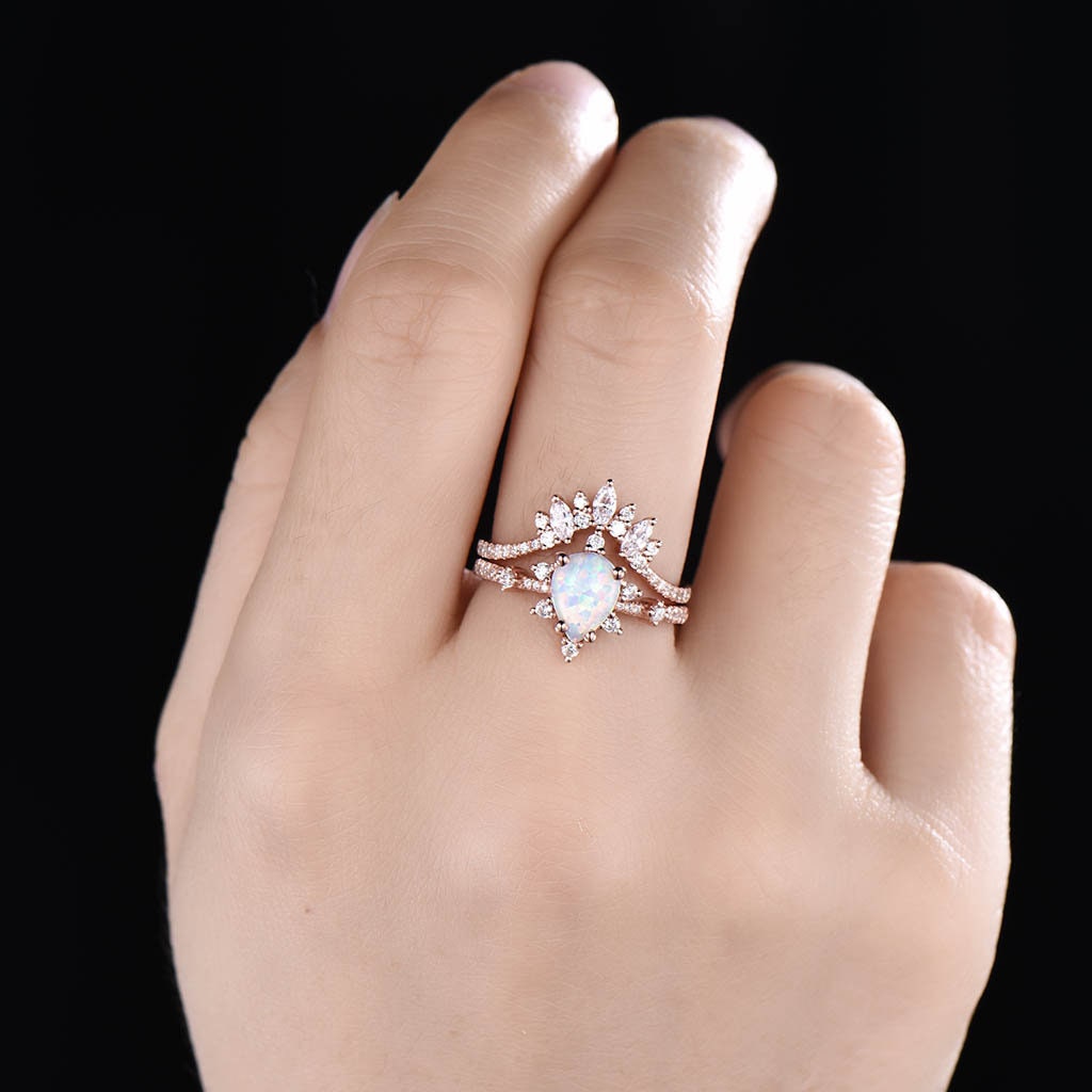 Vintage Opal Engagement Ring Set, Women Rose Gold Rings, Pear Shaped White Opal Ring, Unique Cluster Stacking Band, Promise Gift