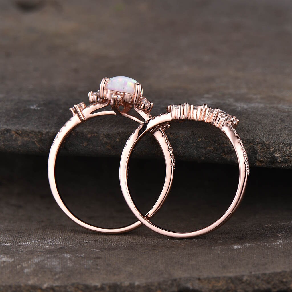 Vintage Opal Engagement Ring Set, Women Rose Gold Rings, Pear Shaped White Opal Ring, Unique Cluster Stacking Band, Promise Gift