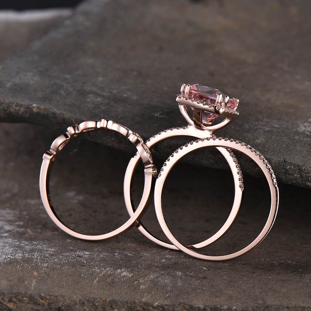 9mm Cushion Cut Morganite Engagement Ring Rose Gold Morganite Wedding Ring Set Art Deco Stacking Matching Bands Bridal Ring Set