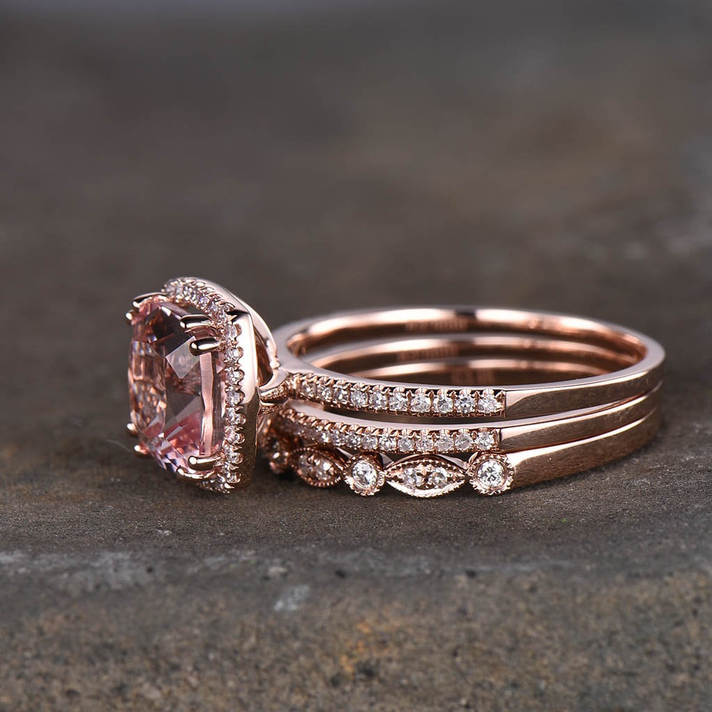 9mm Cushion Cut Morganite Engagement Ring Rose Gold Morganite Wedding Ring Set Art Deco Stacking Matching Bands Bridal Ring Set