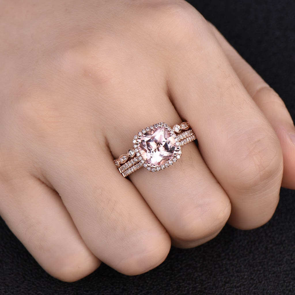 9mm Cushion Cut Morganite Engagement Ring Rose Gold Morganite Wedding Ring Set Art Deco Stacking Matching Bands Bridal Ring Set