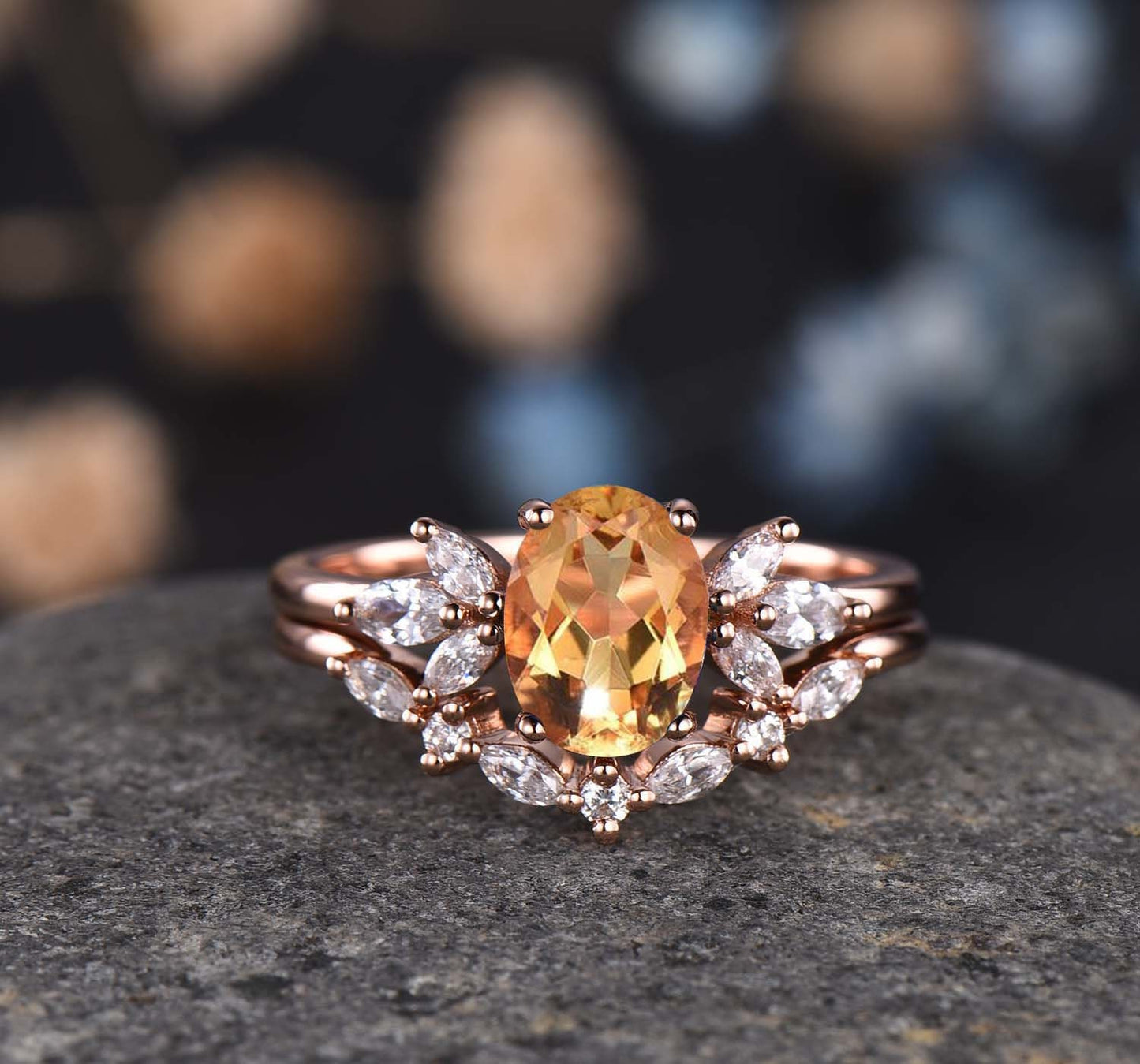 Ruby Engagement Ring Oval Cut Created Red Ruby Ring 14k Rose Gold Moissanite Band Crown Bridal Jewelry Unique Design Jewelry Bridal Ring Set
