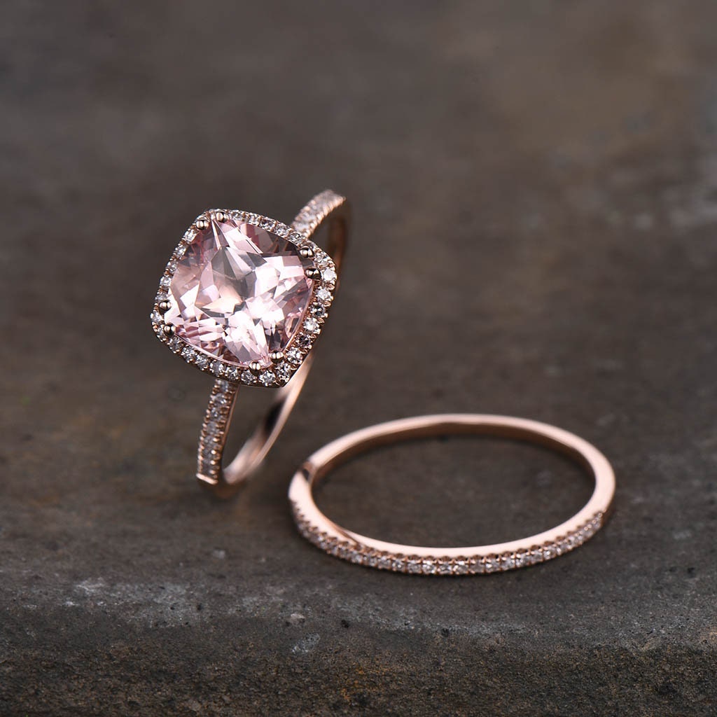 3.00 Ct Cushion Cut Morganite Engagement Ring, Rose Gold Morganite Wedding Ring set, Half eternity Wedding band set, Anniversary ring