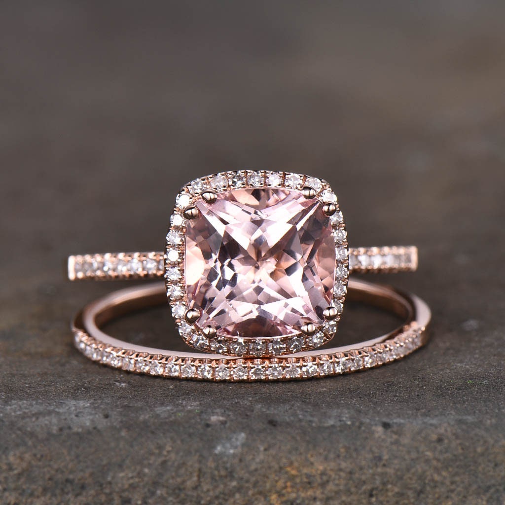 3.00 Ct Cushion Cut Morganite Engagement Ring, Rose Gold Morganite Wedding Ring set, Half eternity Wedding band set, Anniversary ring