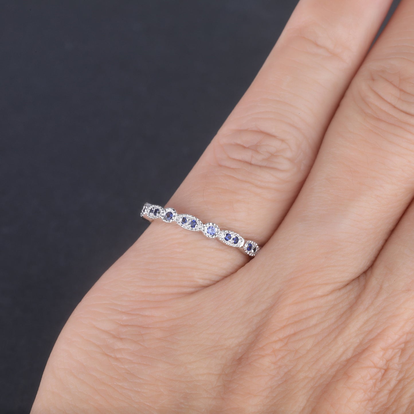 Sapphire Ring, Full Eternity Sapphire Wedding Band, September Birthstone Ring, Art deco Matching Band, Anniversary Gift, Sterling Sliver