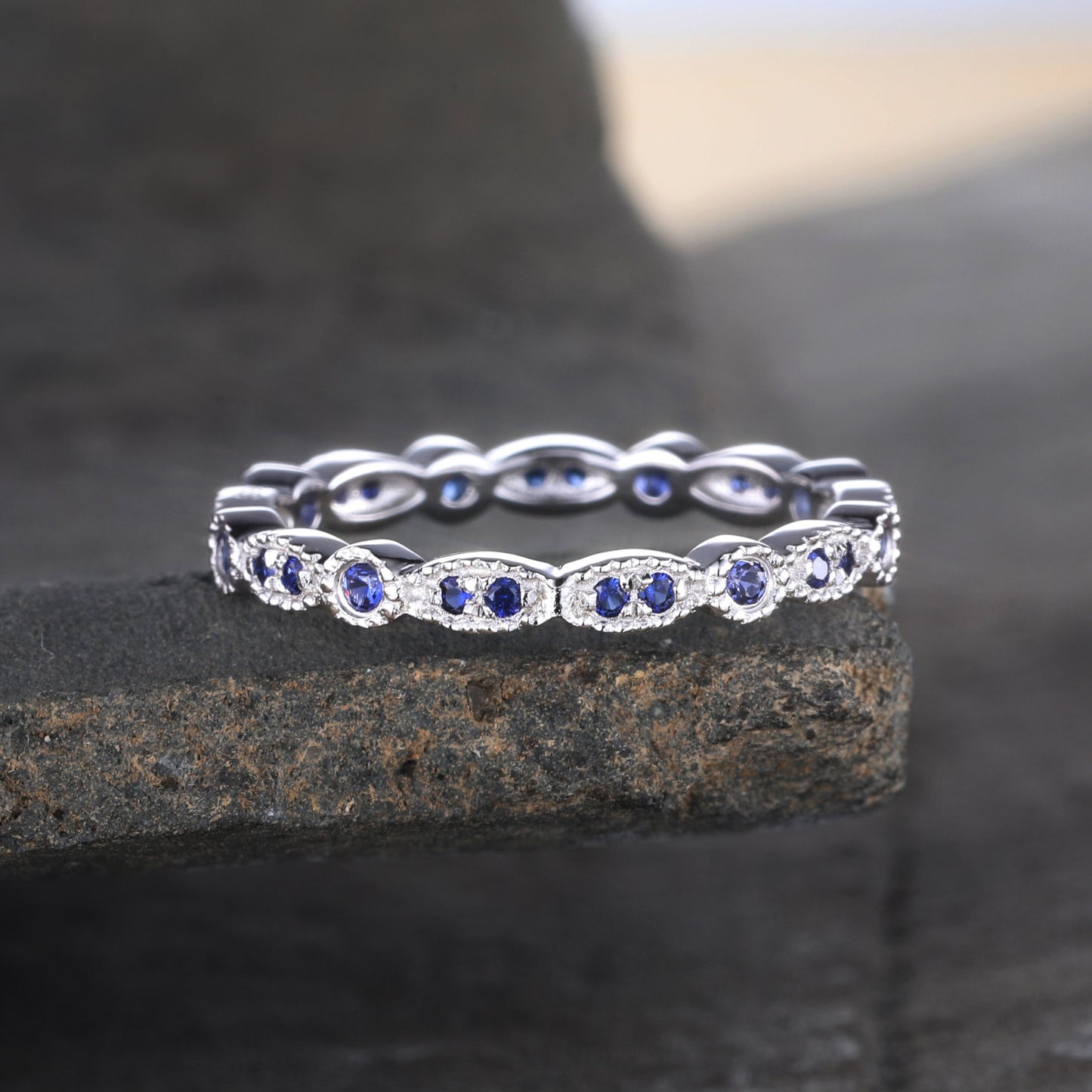 Sapphire Ring, Full Eternity Sapphire Wedding Band, September Birthstone Ring, Art deco Matching Band, Anniversary Gift, Sterling Sliver