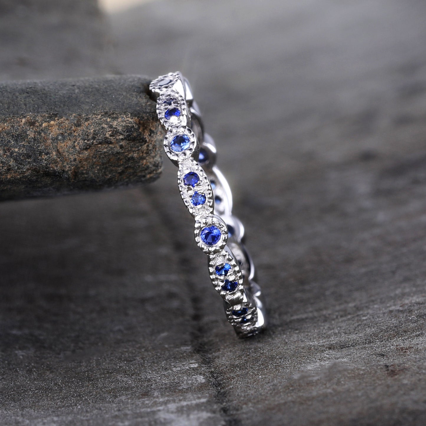 Sapphire Ring, Full Eternity Sapphire Wedding Band, September Birthstone Ring, Art deco Matching Band, Anniversary Gift, Sterling Sliver