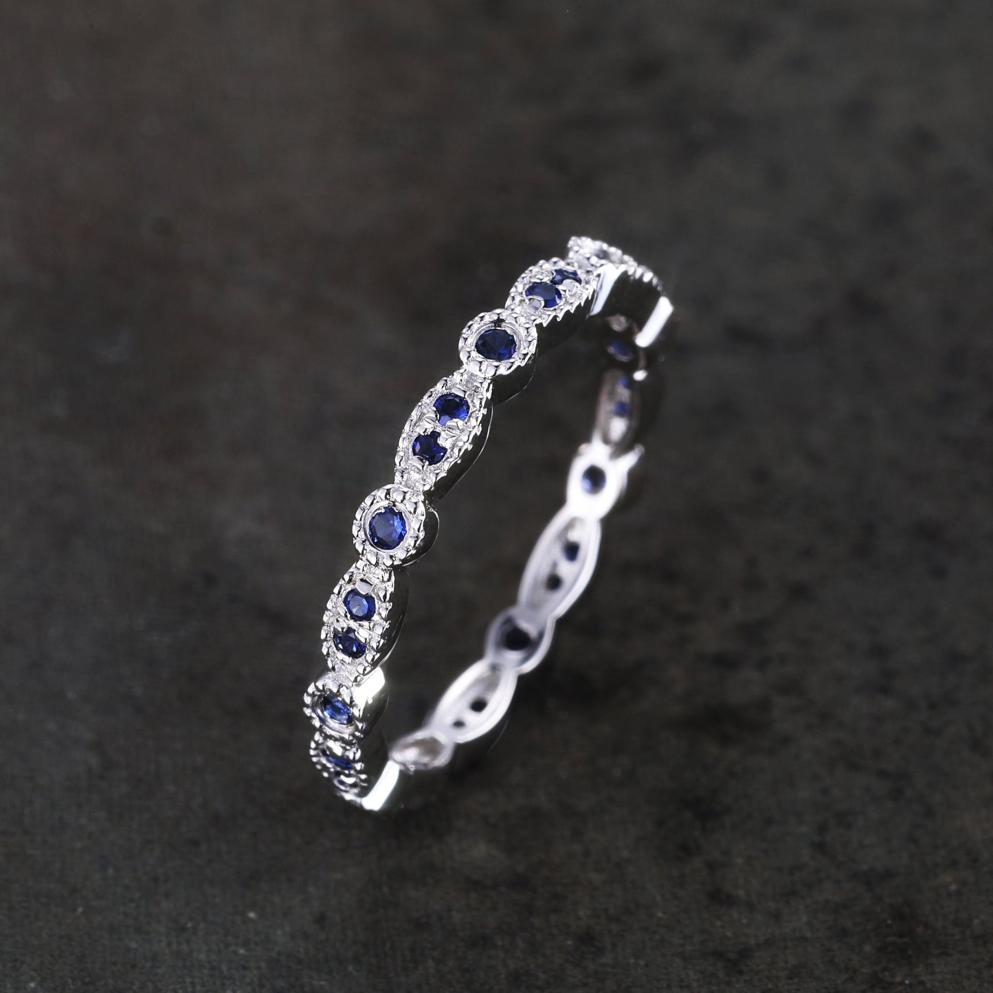 Sapphire Ring, Full Eternity Sapphire Wedding Band, September Birthstone Ring, Art deco Matching Band, Anniversary Gift, Sterling Sliver