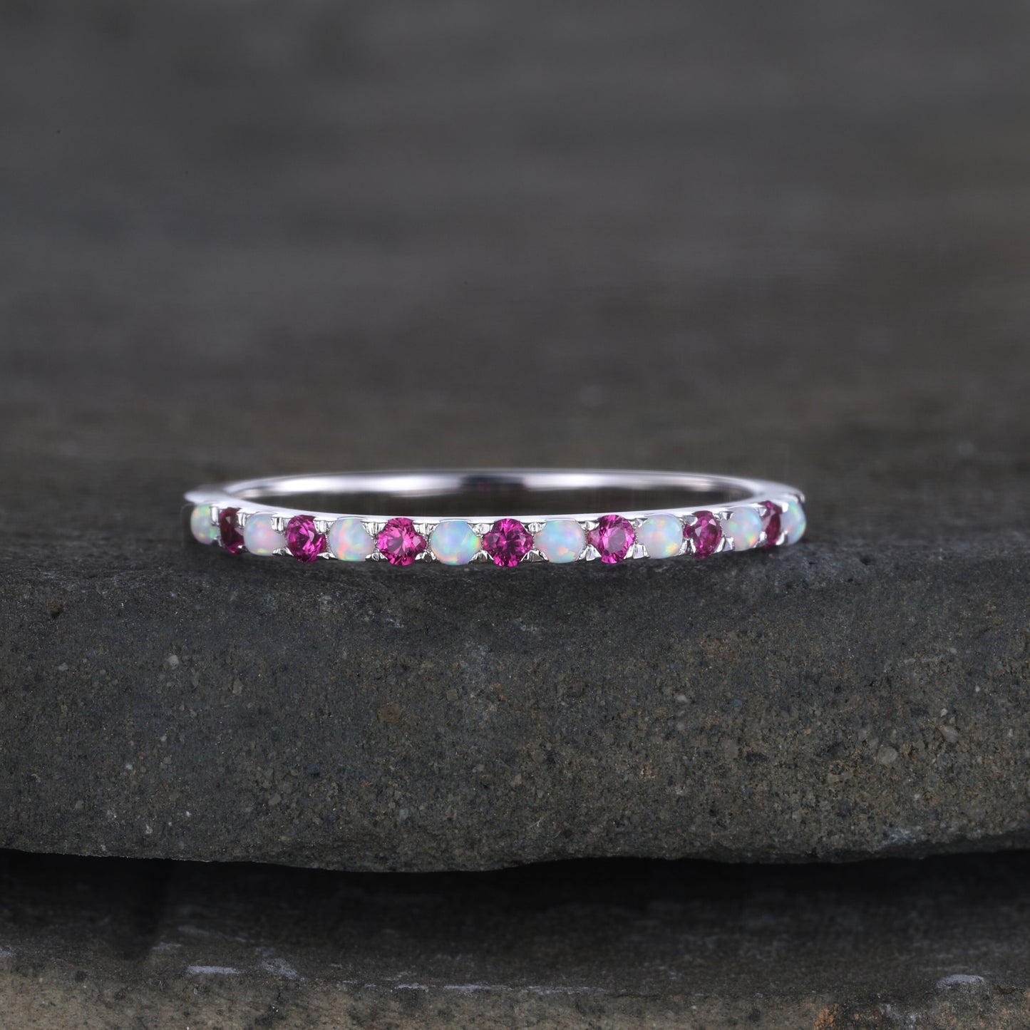 Half Eternity Opal Ruby Wedding Ring, Dainty Opal Wedding Band, Sterling Silver Ring, October Birthstone Ring, Anniversary Gift for Her