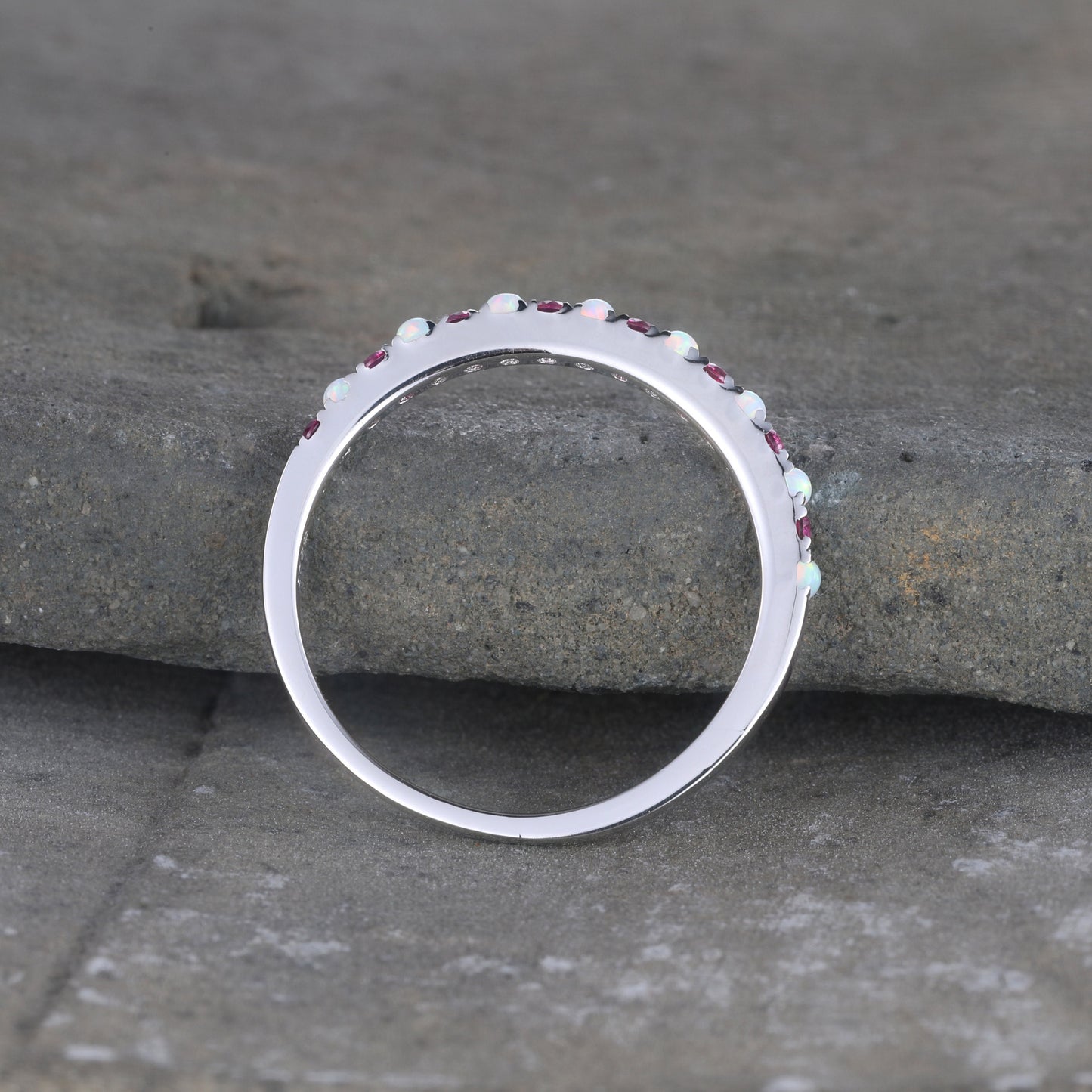 Half Eternity Opal Ruby Wedding Ring, Dainty Opal Wedding Band, Sterling Silver Ring, October Birthstone Ring, Anniversary Gift for Her
