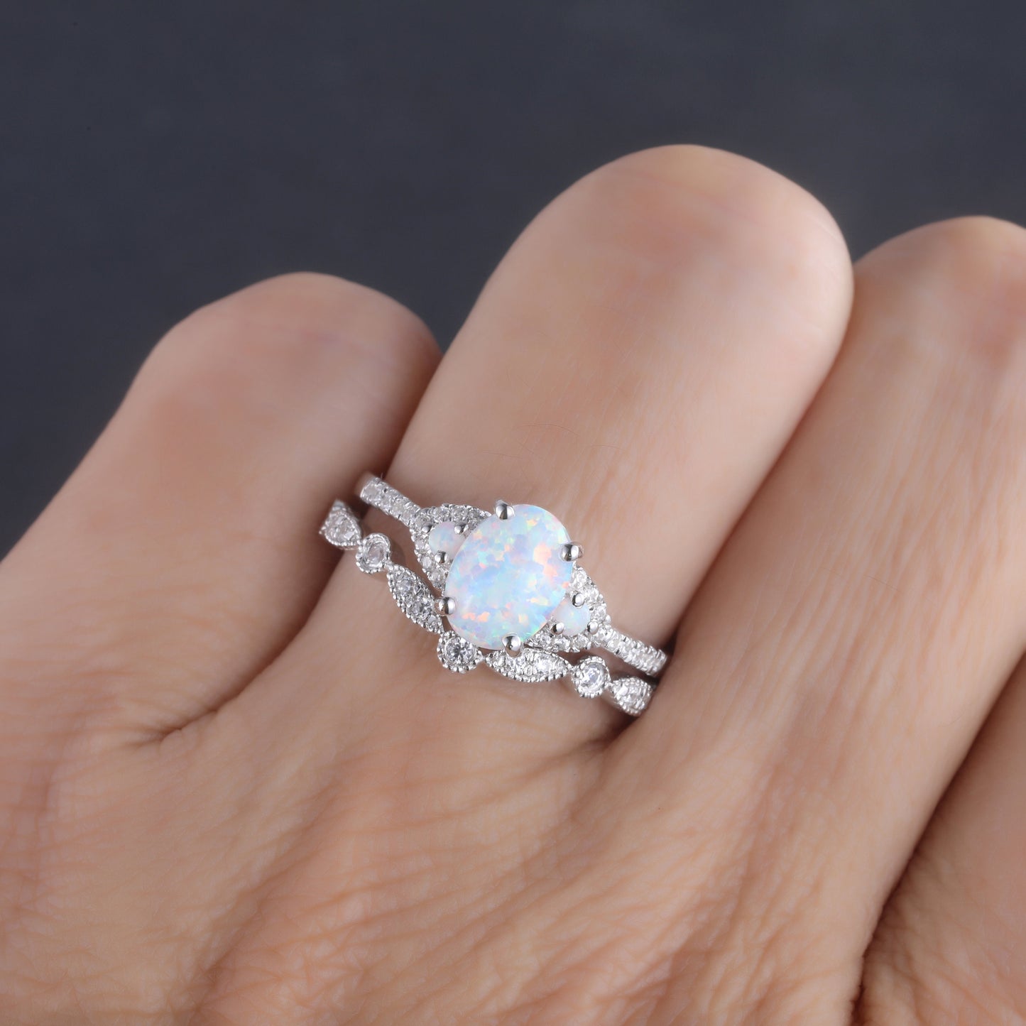 White Opal Engagement Ring Set, Rose Gold Rings for Women, Art Deco Stacking Band, Oval Cut Bridal Set, Unique Curved Wedding Band, Handmade