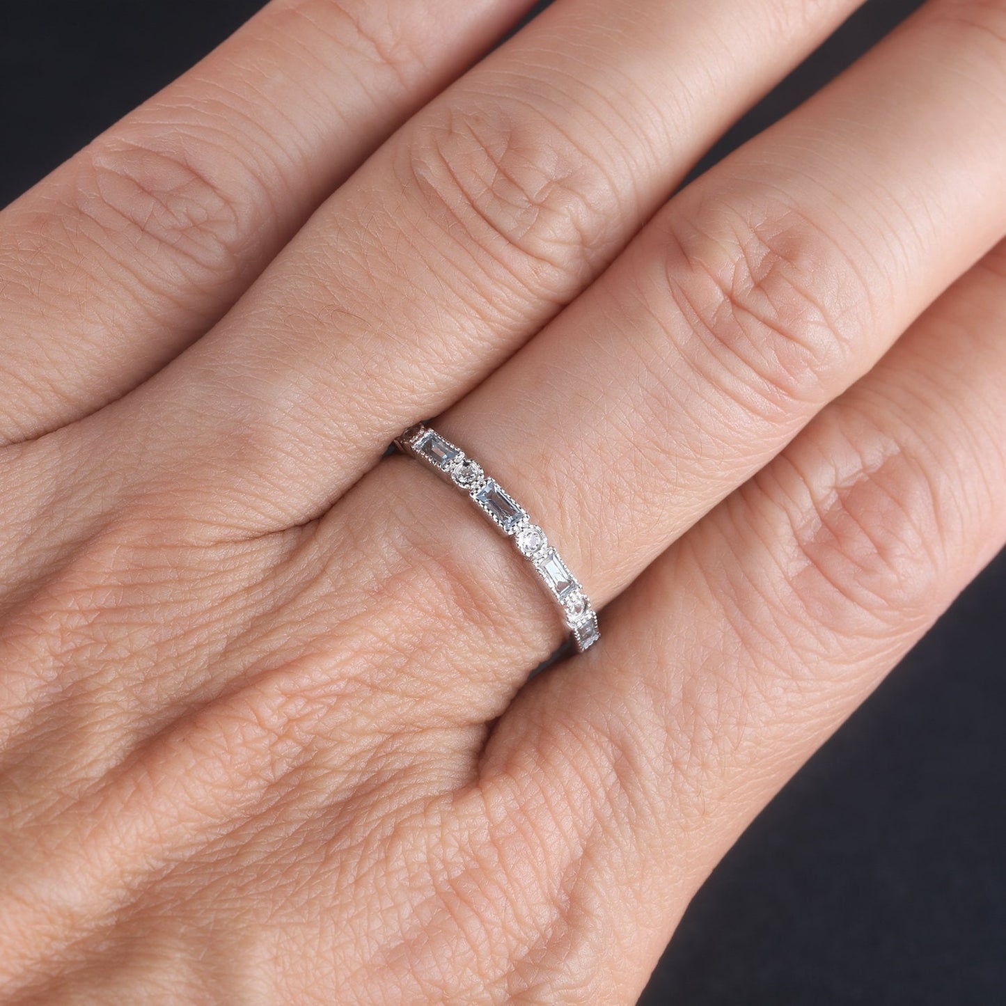 Aquamarine Ring, Half Eternity Baguette Aquamarine Wedding Band, March Birthstone Ring, Art deco Wedding Ring, Anniversary Gift, Silver