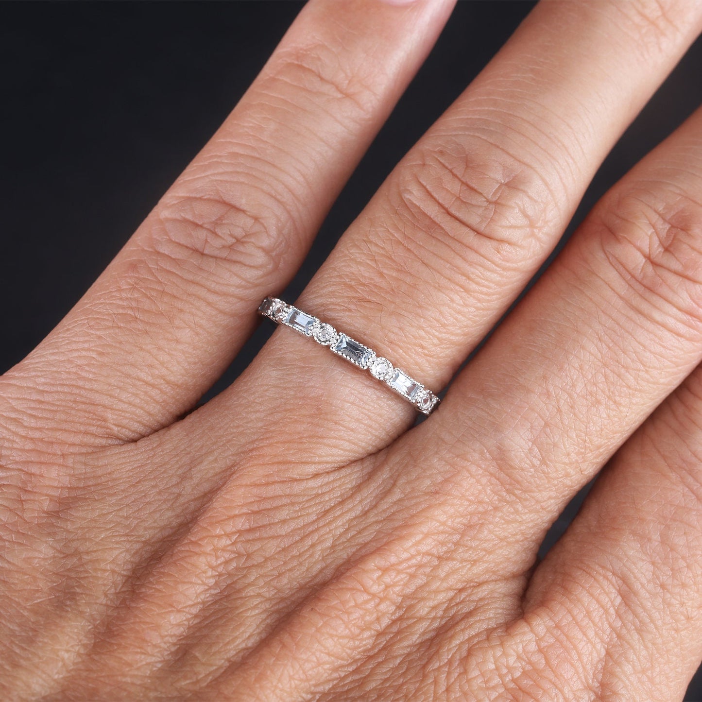 Aquamarine Ring, Half Eternity Baguette Aquamarine Wedding Band, March Birthstone Ring, Art deco Wedding Ring, Anniversary Gift, Silver