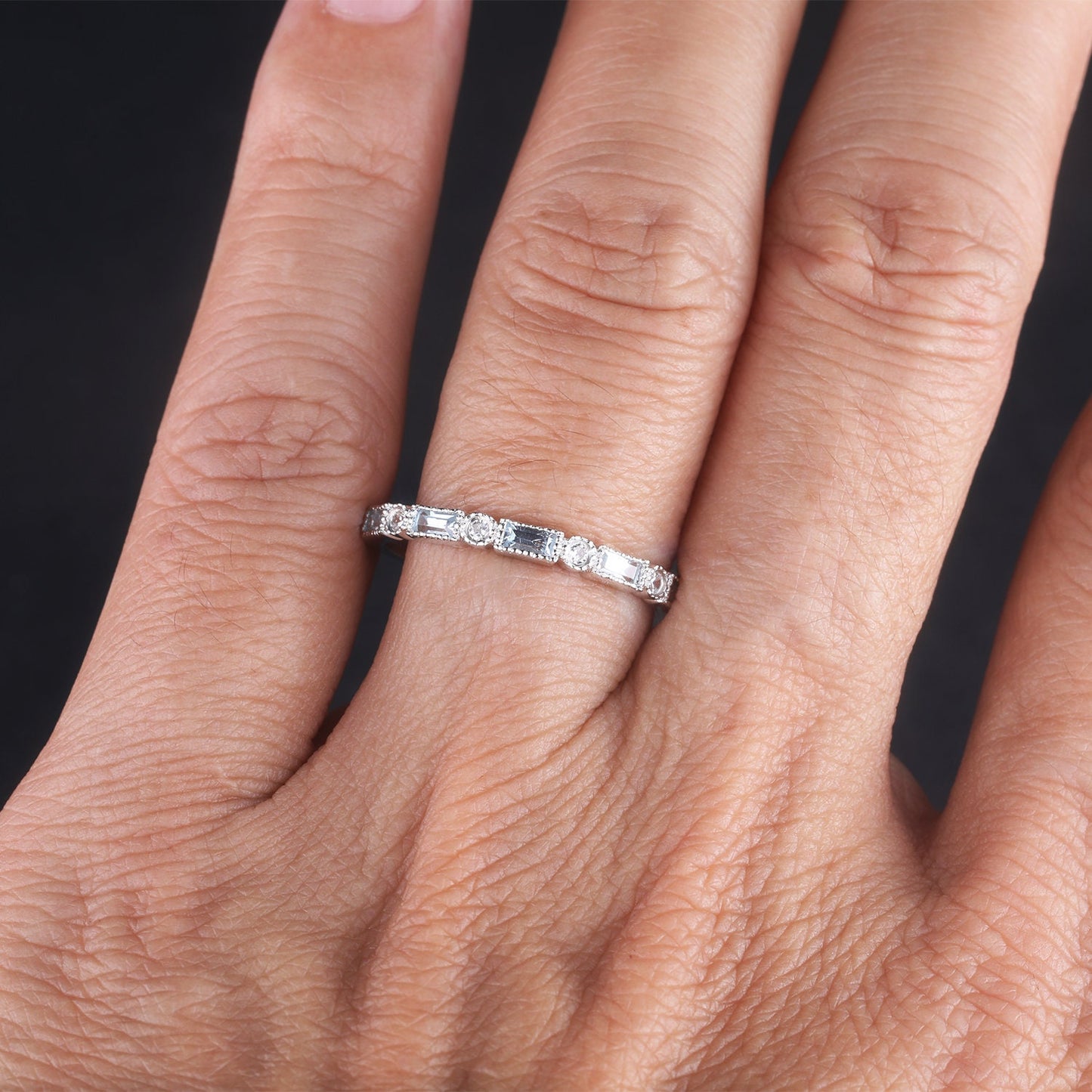 Aquamarine Ring, Half Eternity Baguette Aquamarine Wedding Band, March Birthstone Ring, Art deco Wedding Ring, Anniversary Gift, Silver