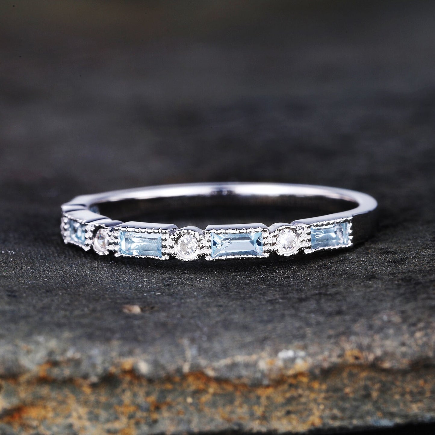 Aquamarine Ring, Half Eternity Baguette Aquamarine Wedding Band, March Birthstone Ring, Art deco Wedding Ring, Anniversary Gift, Silver