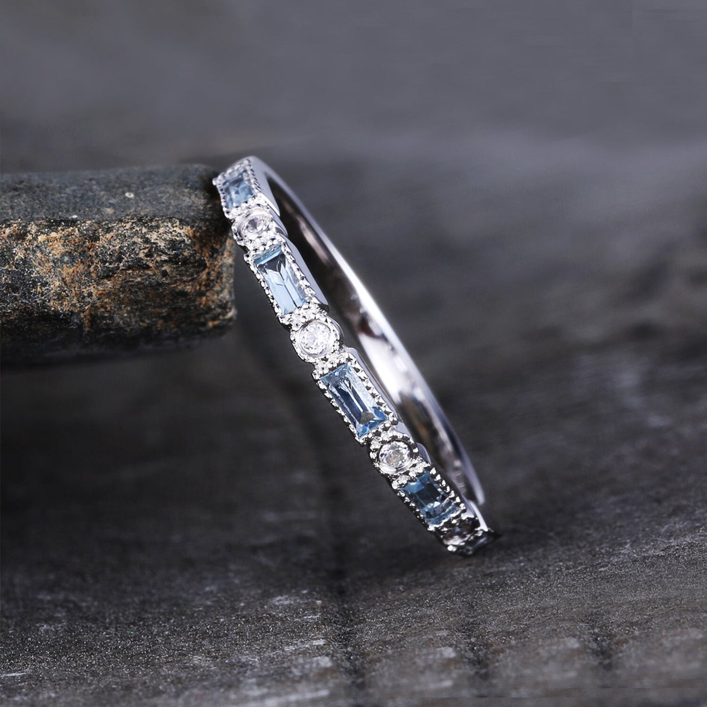 Aquamarine Ring, Half Eternity Baguette Aquamarine Wedding Band, March Birthstone Ring, Art deco Wedding Ring, Anniversary Gift, Silver