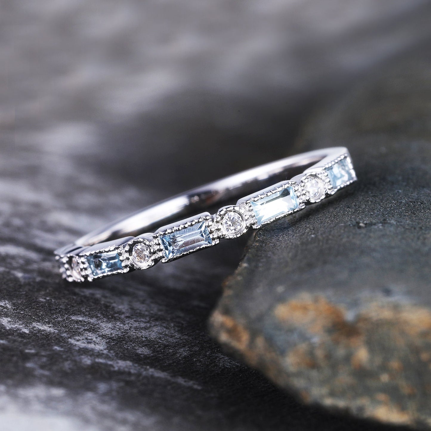 Aquamarine Ring, Half Eternity Baguette Aquamarine Wedding Band, March Birthstone Ring, Art deco Wedding Ring, Anniversary Gift, Silver