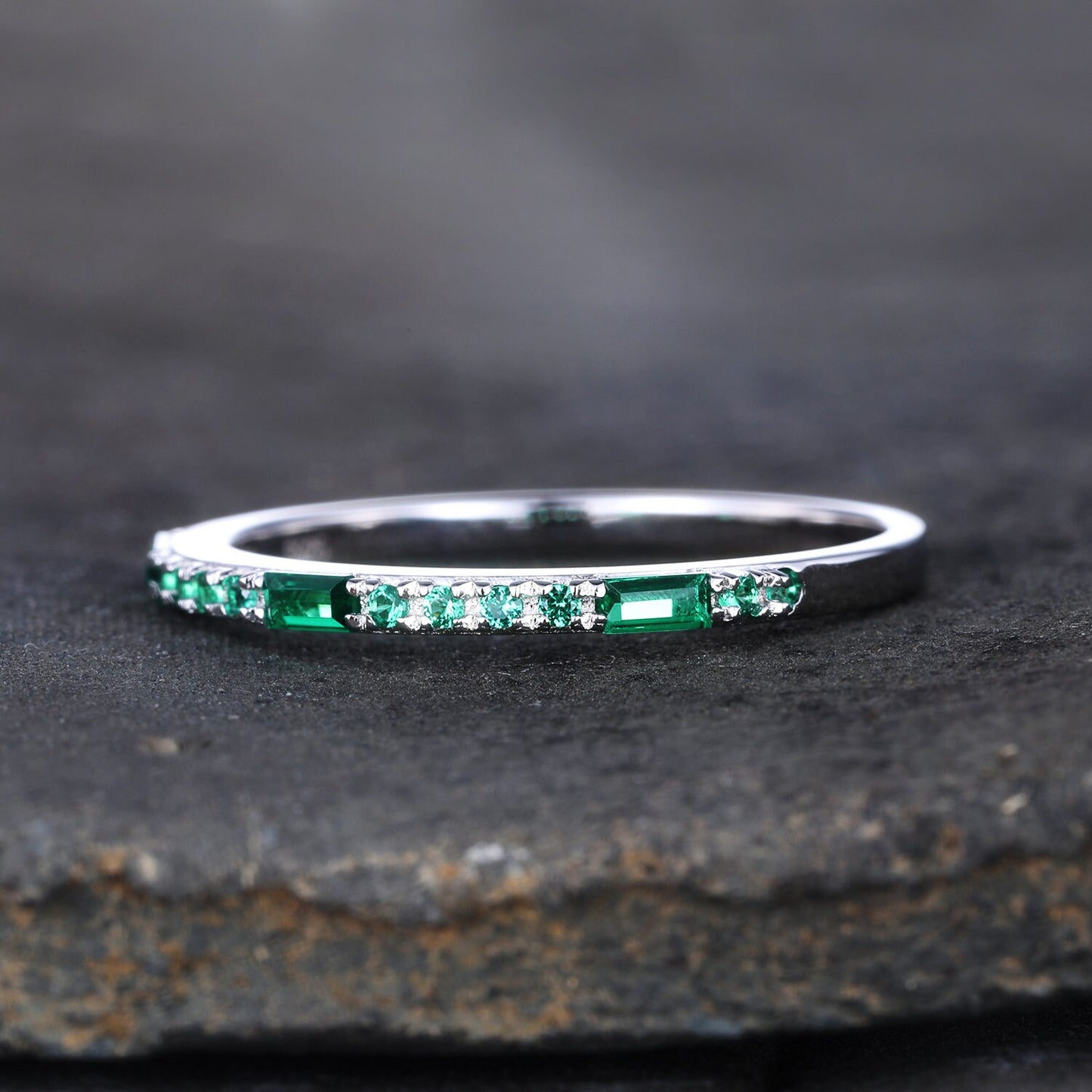 Emerald Ring, Sterling Silver Ring, Half Eternity Emerald Wedding Band, Baguette Ring, Stacking Band, May Birthstone, Anniversary Ring