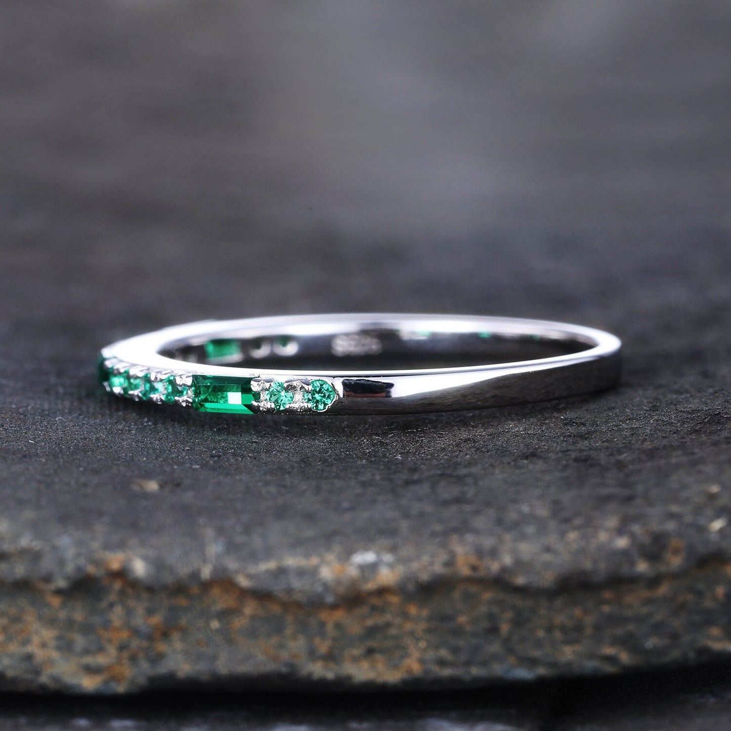 Emerald Ring, Sterling Silver Ring, Half Eternity Emerald Wedding Band, Baguette Ring, Stacking Band, May Birthstone, Anniversary Ring