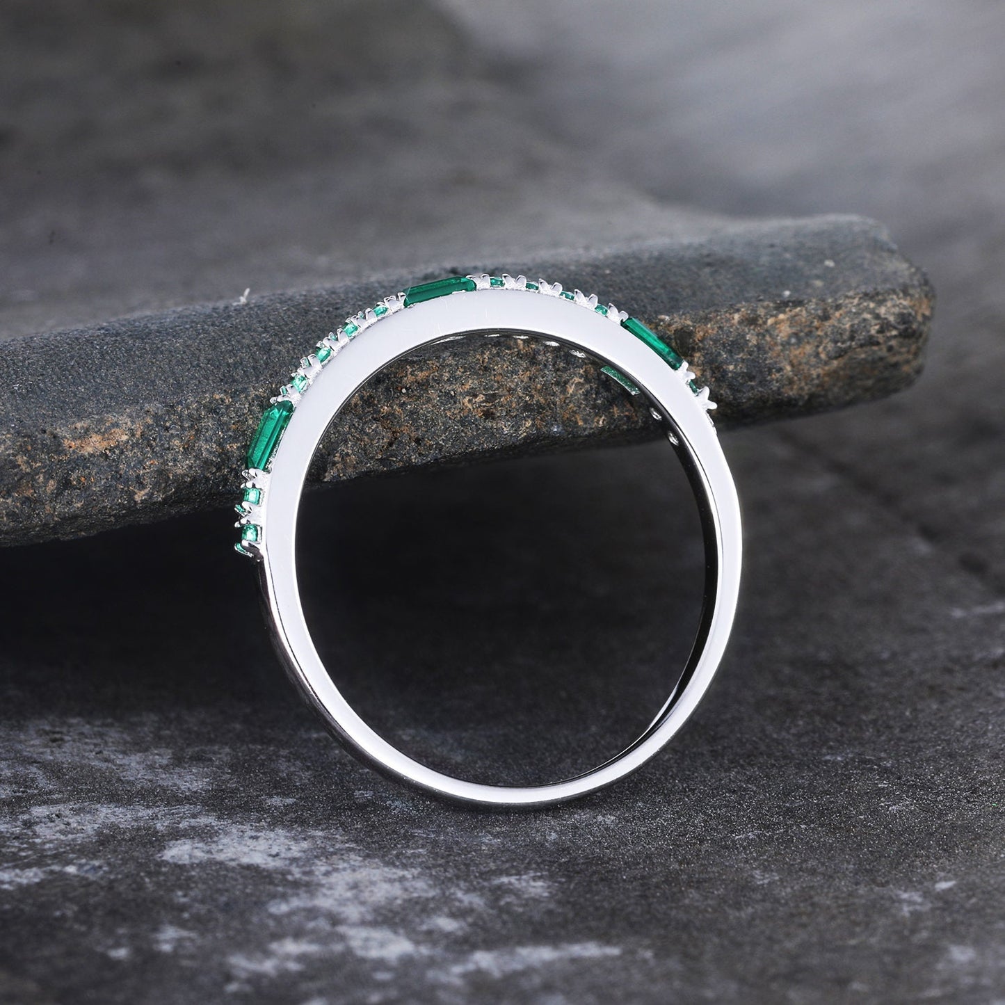 Emerald Ring, Sterling Silver Ring, Half Eternity Emerald Wedding Band, Baguette Ring, Stacking Band, May Birthstone, Anniversary Ring