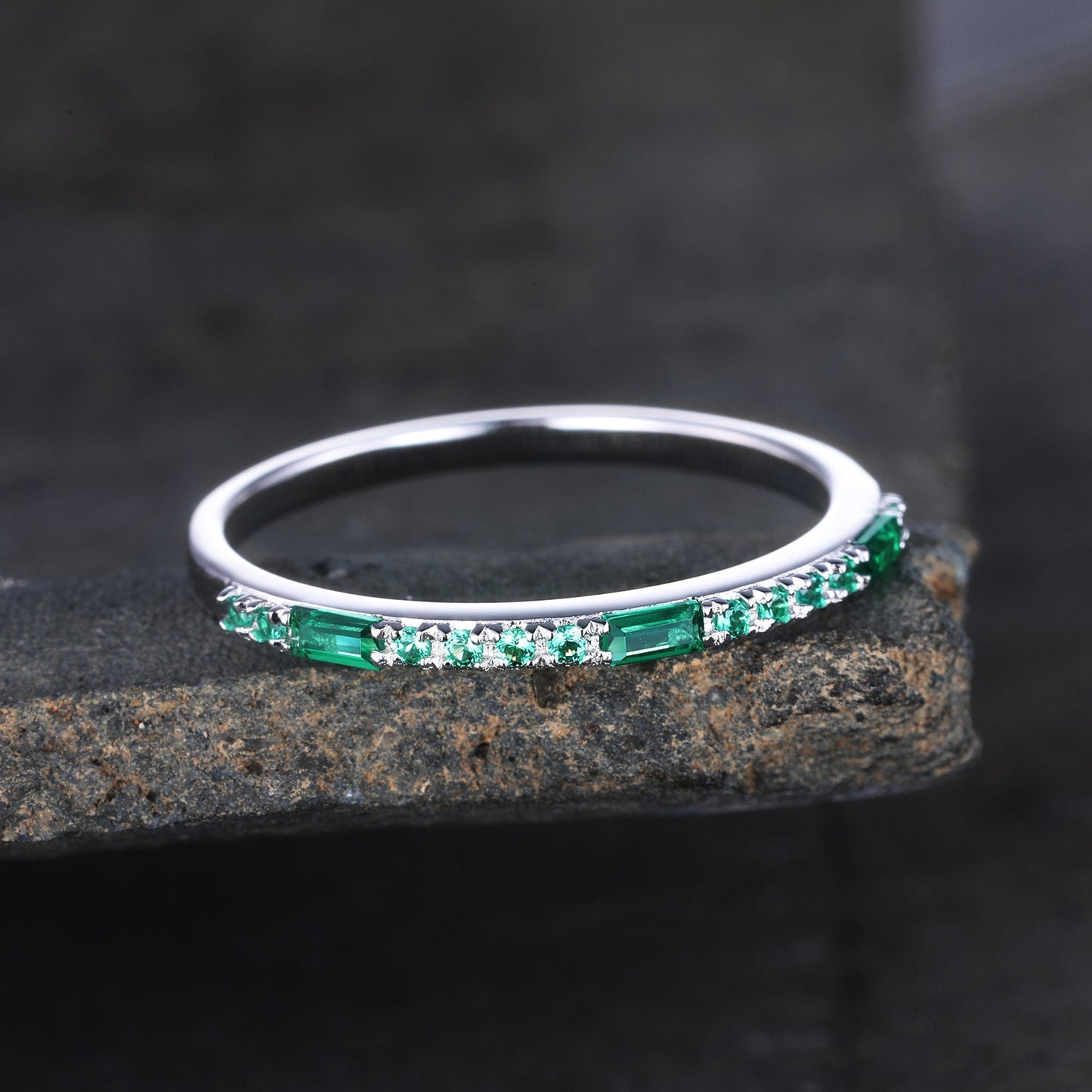Emerald Ring, Sterling Silver Ring, Half Eternity Emerald Wedding Band, Baguette Ring, Stacking Band, May Birthstone, Anniversary Ring