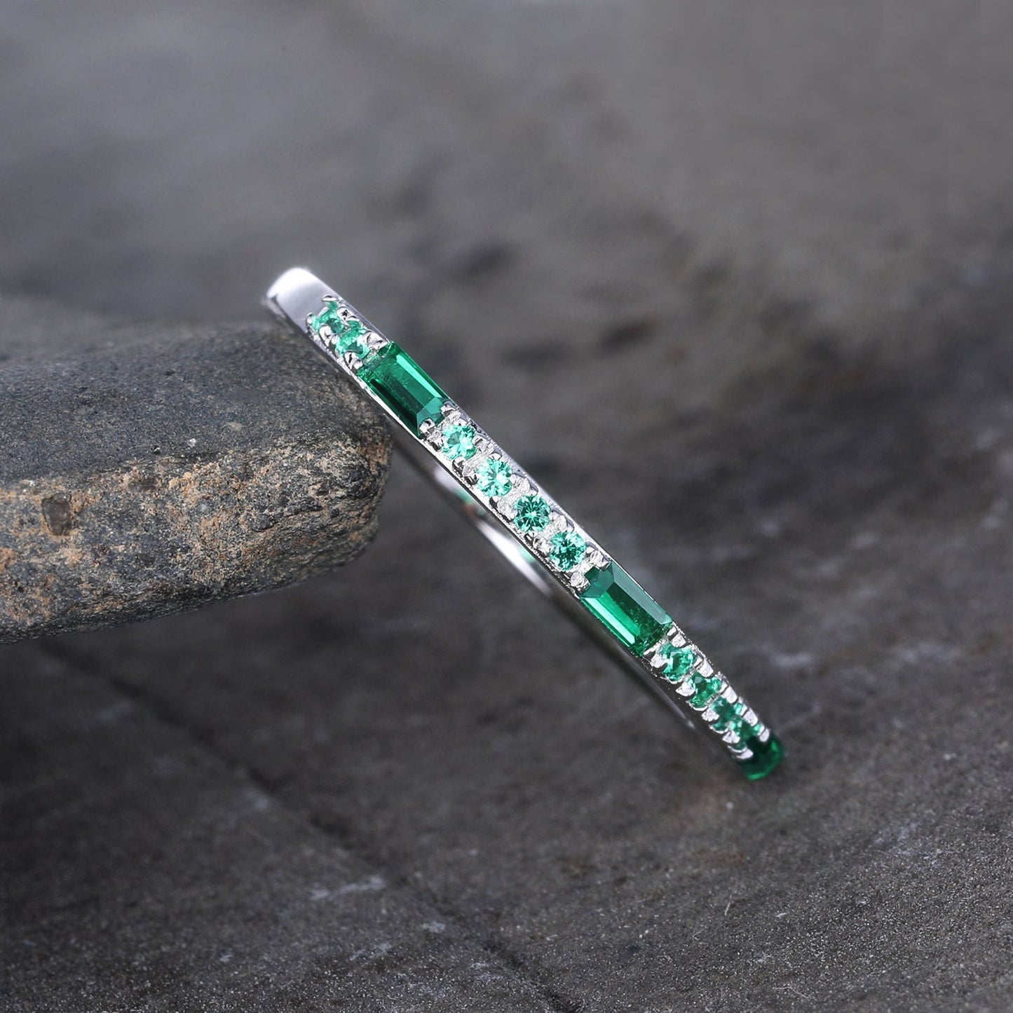 Emerald Ring, Sterling Silver Ring, Half Eternity Emerald Wedding Band, Baguette Ring, Stacking Band, May Birthstone, Anniversary Ring