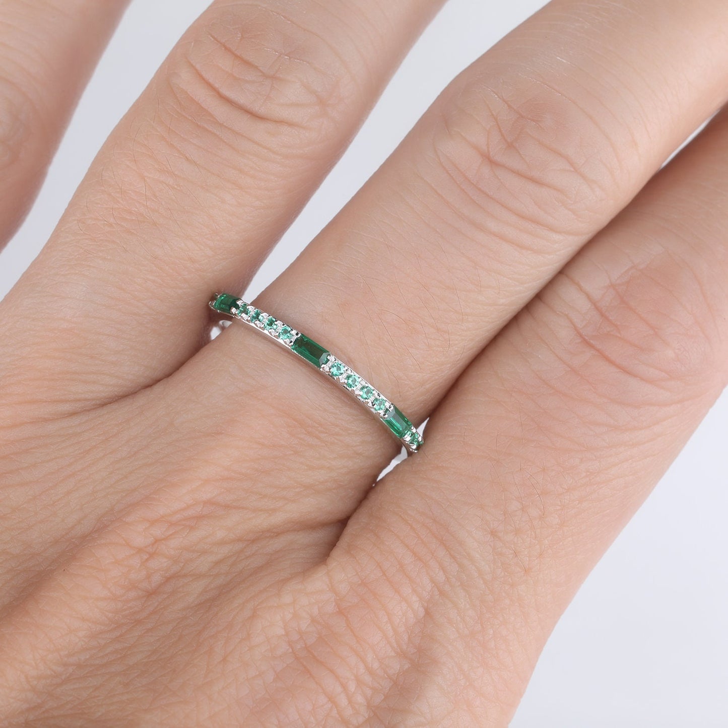 Emerald Ring, Sterling Silver Ring, Half Eternity Emerald Wedding Band, Baguette Ring, Stacking Band, May Birthstone, Anniversary Ring