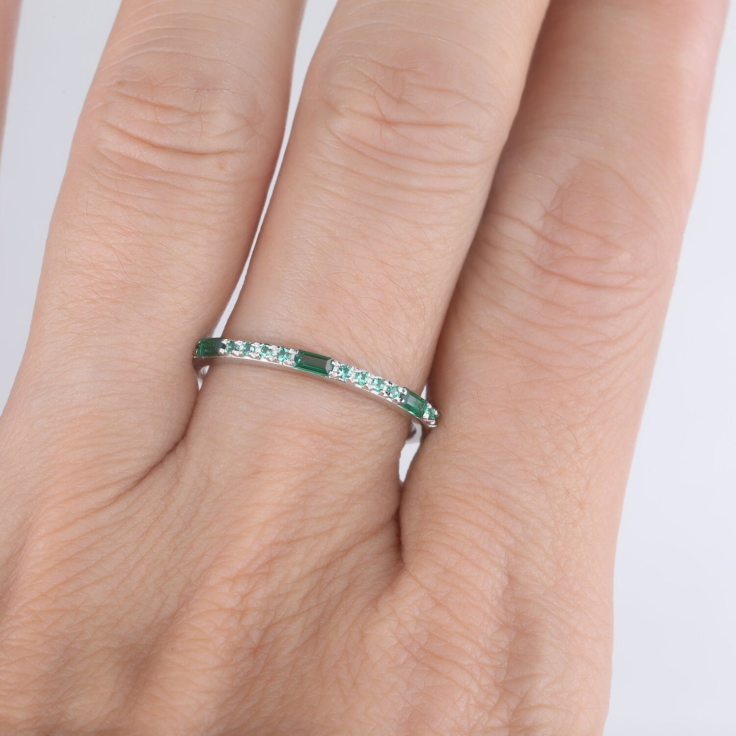 Emerald Ring, Sterling Silver Ring, Half Eternity Emerald Wedding Band, Baguette Ring, Stacking Band, May Birthstone, Anniversary Ring