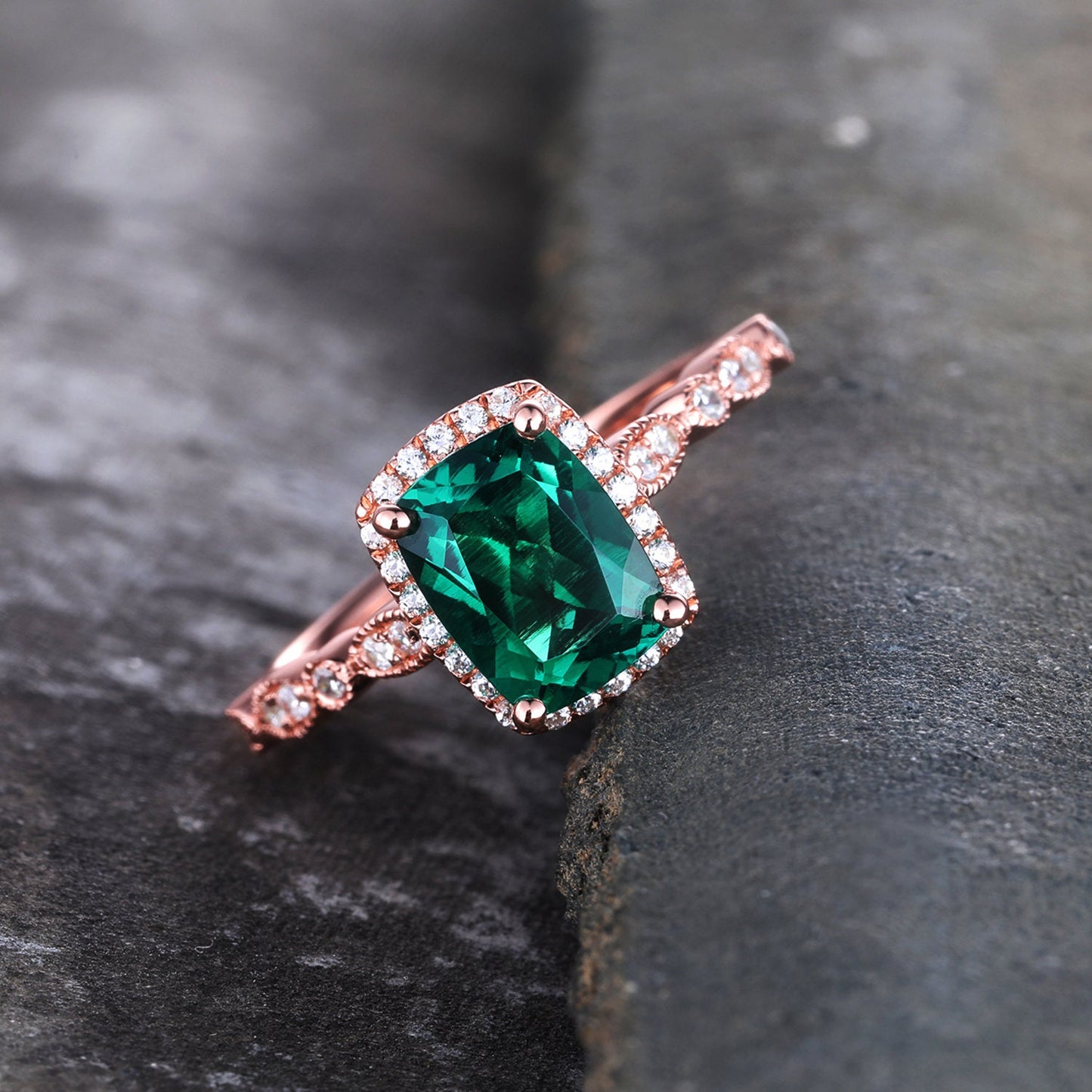 Emerald Ring, Cushion Emerald Engagement Ring, Rose Gold Emerald Ring, May Birthstone Ring, Art deco Wedding Band, Promise Bridal Ring