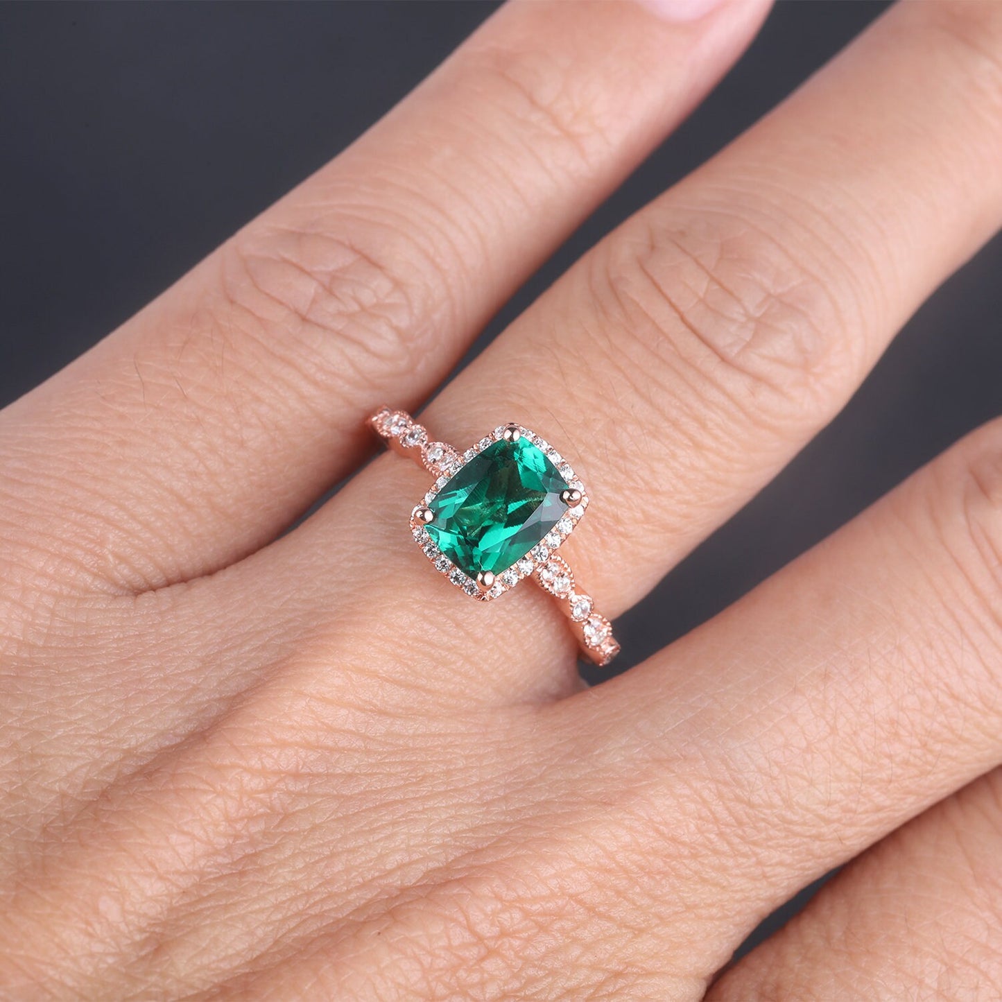 Emerald Ring, Cushion Emerald Engagement Ring, Rose Gold Emerald Ring, May Birthstone Ring, Art deco Wedding Band, Promise Bridal Ring