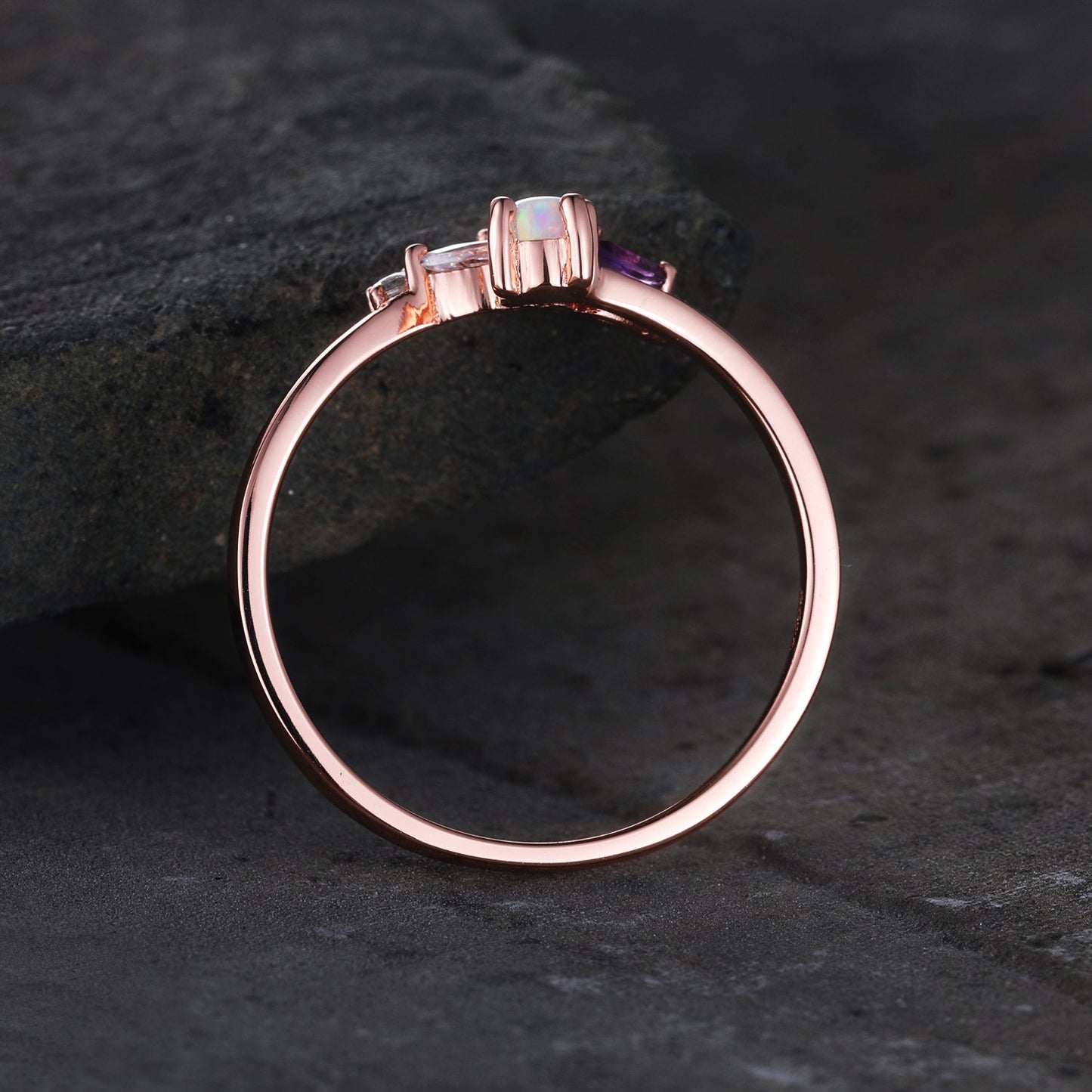 Unique Opal Wedding Ring Opal Amethyst Ring Rose Gold Opal Ring Vintage Cluster Ring Art deco Wedding Ring Anniversary Promise Bridal Ring
