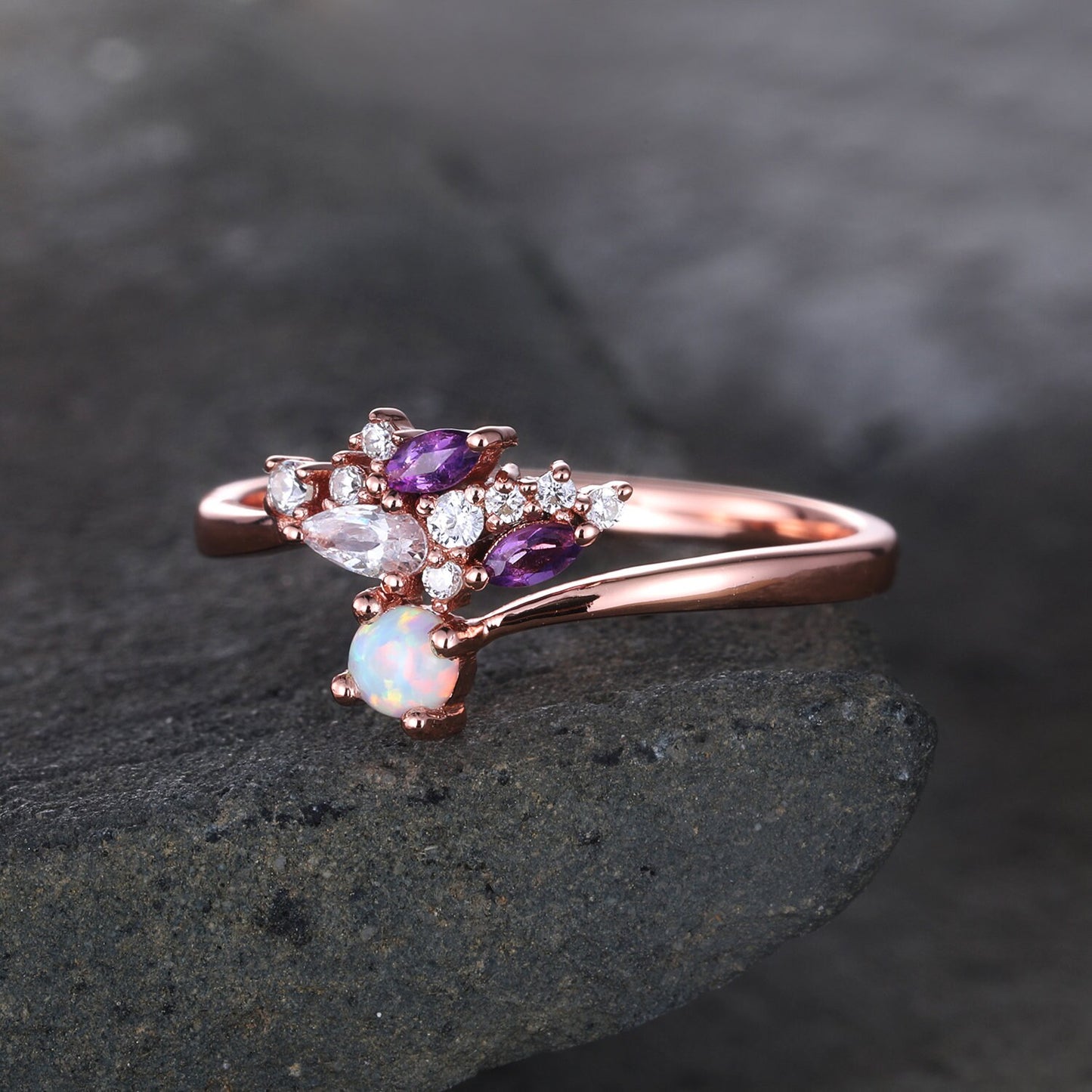 Unique Opal Wedding Ring Opal Amethyst Ring Rose Gold Opal Ring Vintage Cluster Ring Art deco Wedding Ring Anniversary Promise Bridal Ring