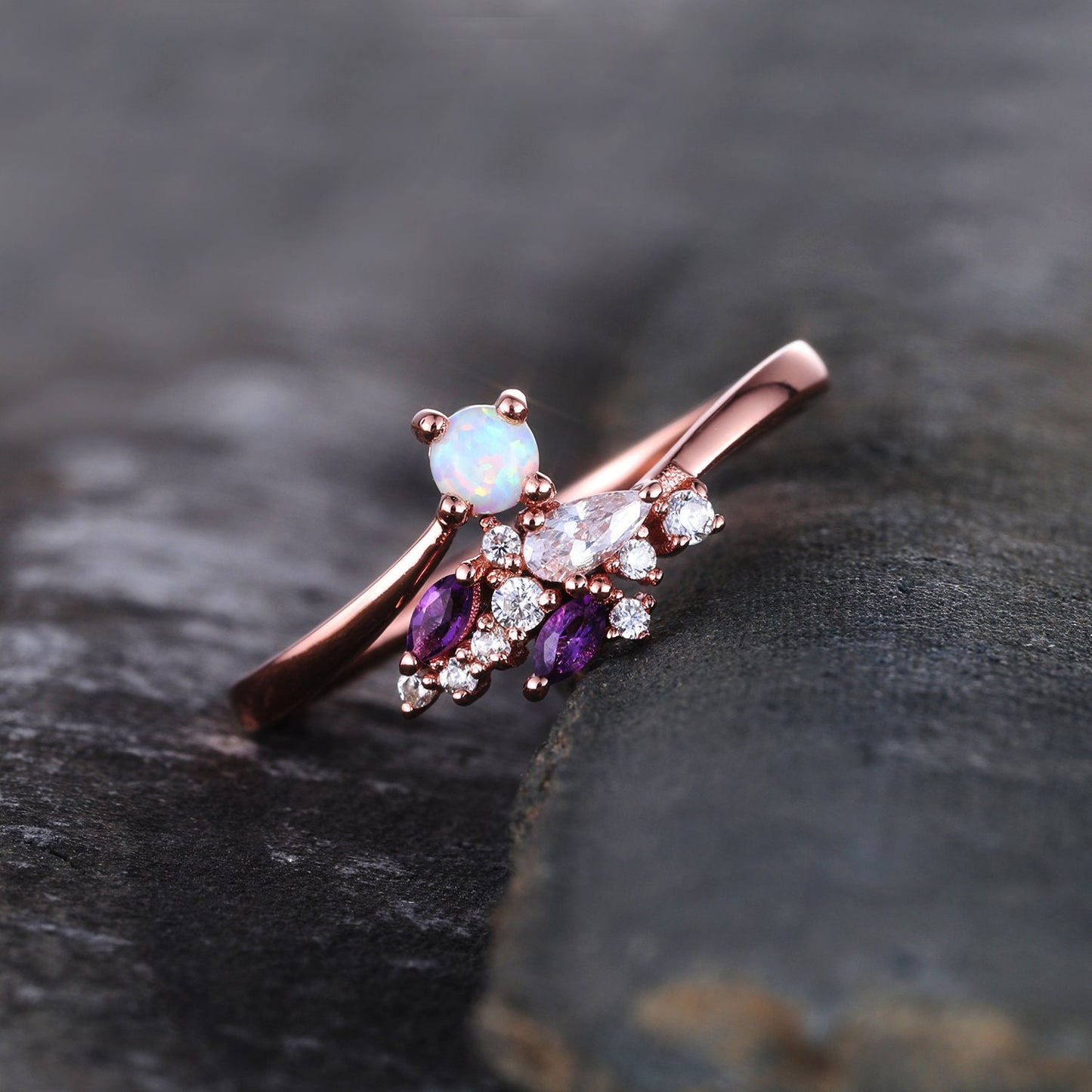 Unique Opal Wedding Ring Opal Amethyst Ring Rose Gold Opal Ring Vintage Cluster Ring Art deco Wedding Ring Anniversary Promise Bridal Ring