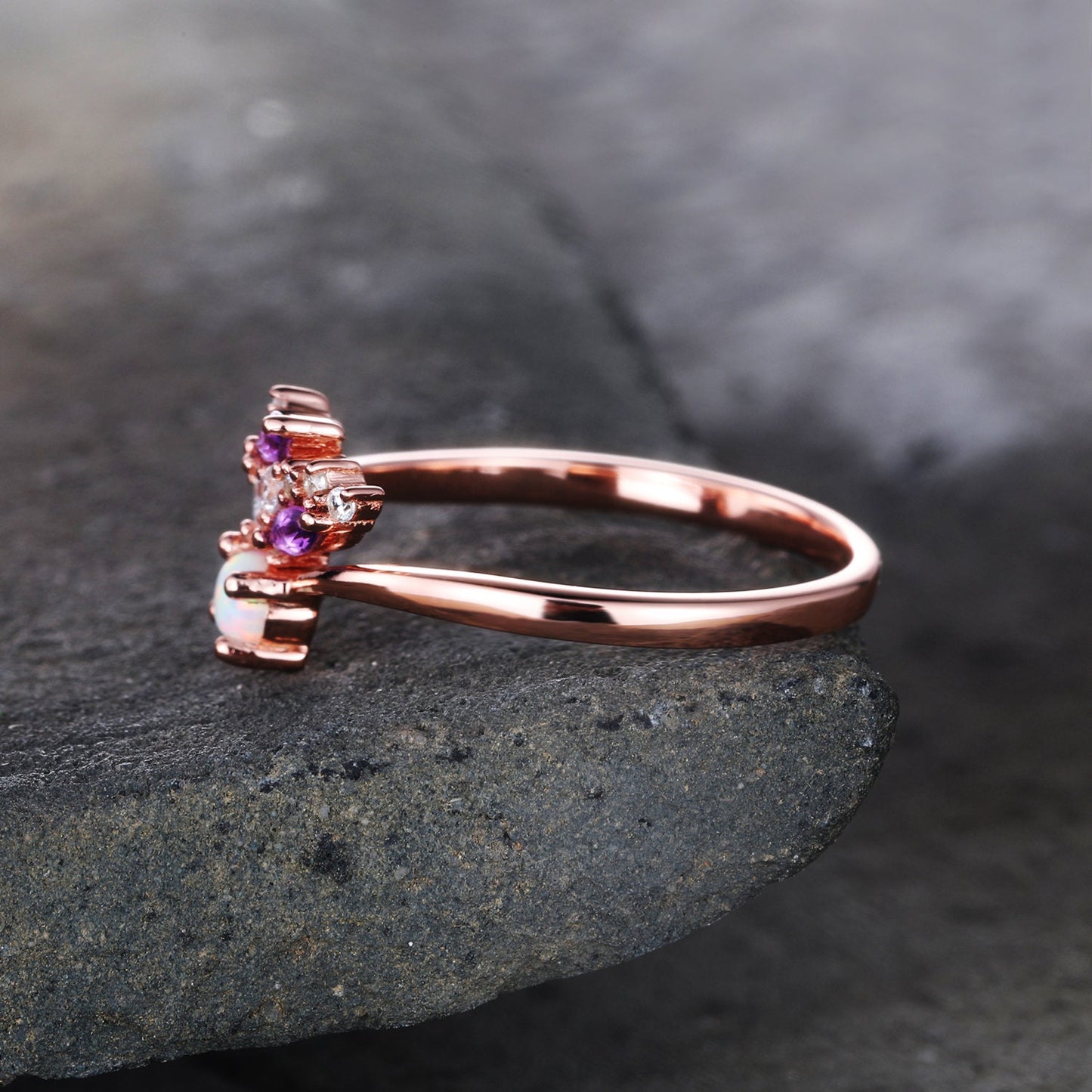 Unique Opal Wedding Ring Opal Amethyst Ring Rose Gold Opal Ring Vintage Cluster Ring Art deco Wedding Ring Anniversary Promise Bridal Ring