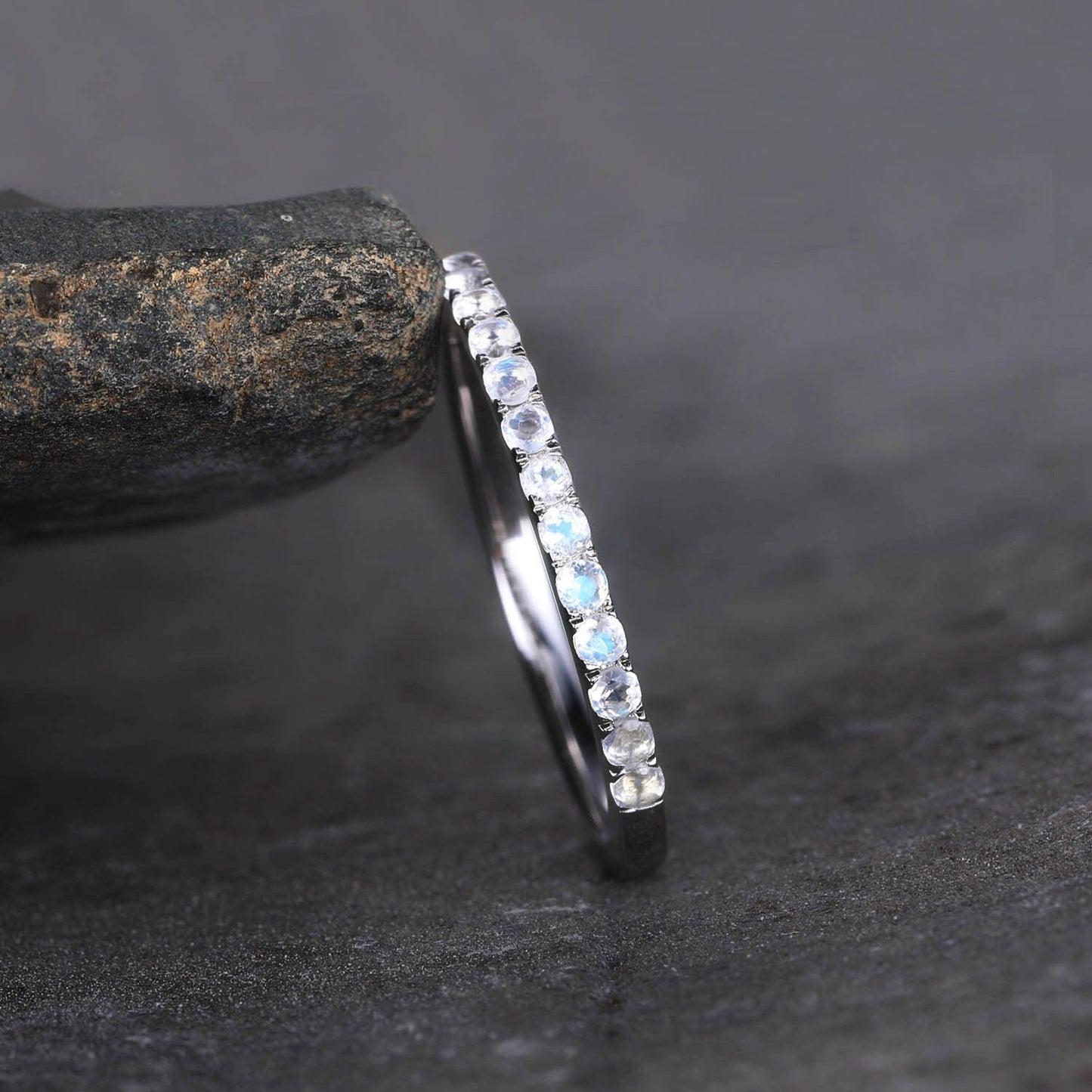 Half Eternity Band, 1.5mm Moonstone Wedding Band, White Gold Ring, Rainbow Moonstone Ring, Dainty Ring, Stacking Band, Anniversary Gift