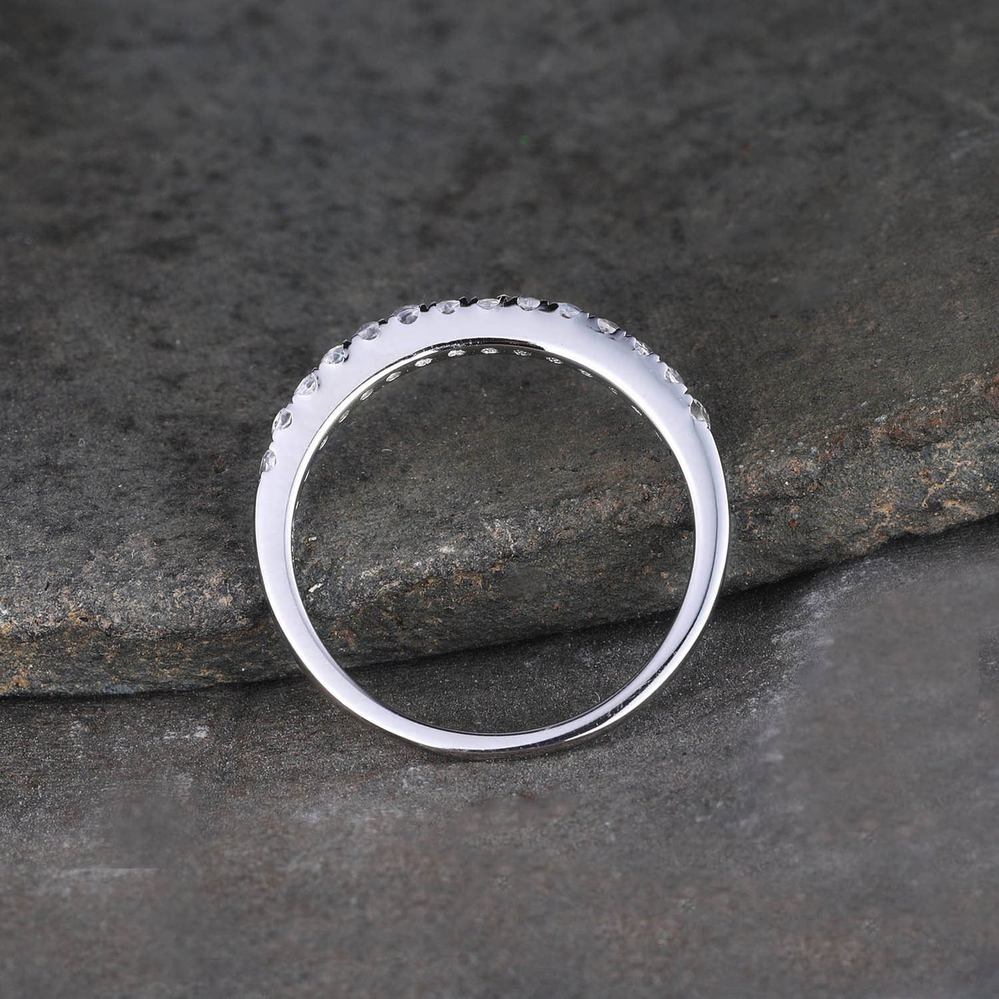 Half Eternity Band, 1.5mm Moonstone Wedding Band, White Gold Ring, Rainbow Moonstone Ring, Dainty Ring, Stacking Band, Anniversary Gift