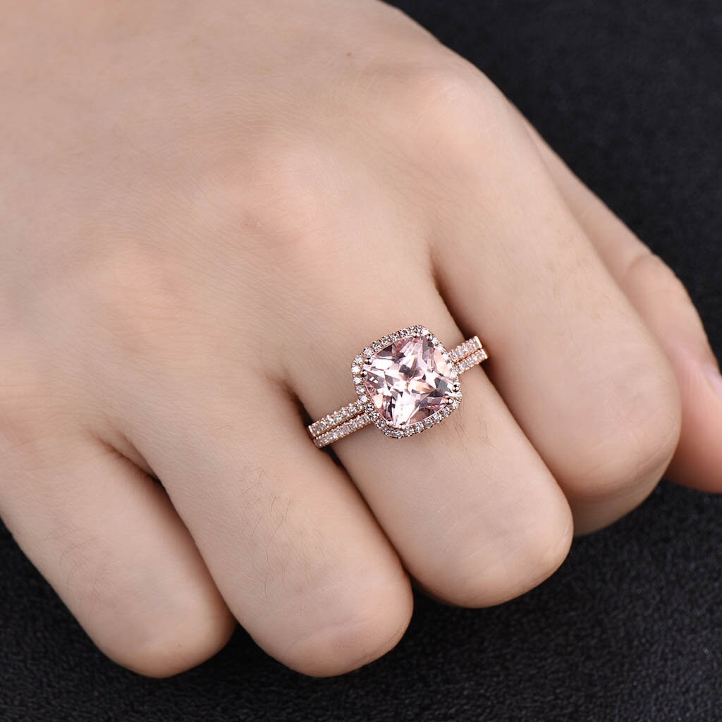 3.00 Ct Cushion Cut Morganite Engagement Ring, Rose Gold Morganite Wedding Ring set, Half eternity Wedding band set, Anniversary ring