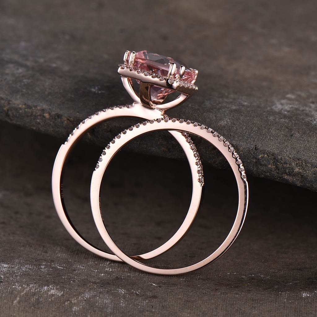 3.00 Ct Cushion Cut Morganite Engagement Ring, Rose Gold Morganite Wedding Ring set, Half eternity Wedding band set, Anniversary ring