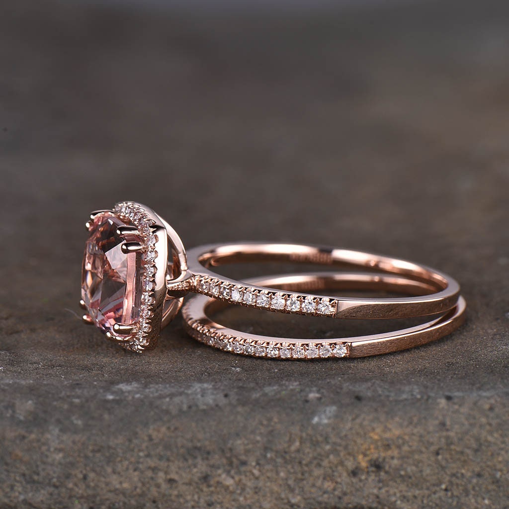 3.00 Ct Cushion Cut Morganite Engagement Ring, Rose Gold Morganite Wedding Ring set, Half eternity Wedding band set, Anniversary ring